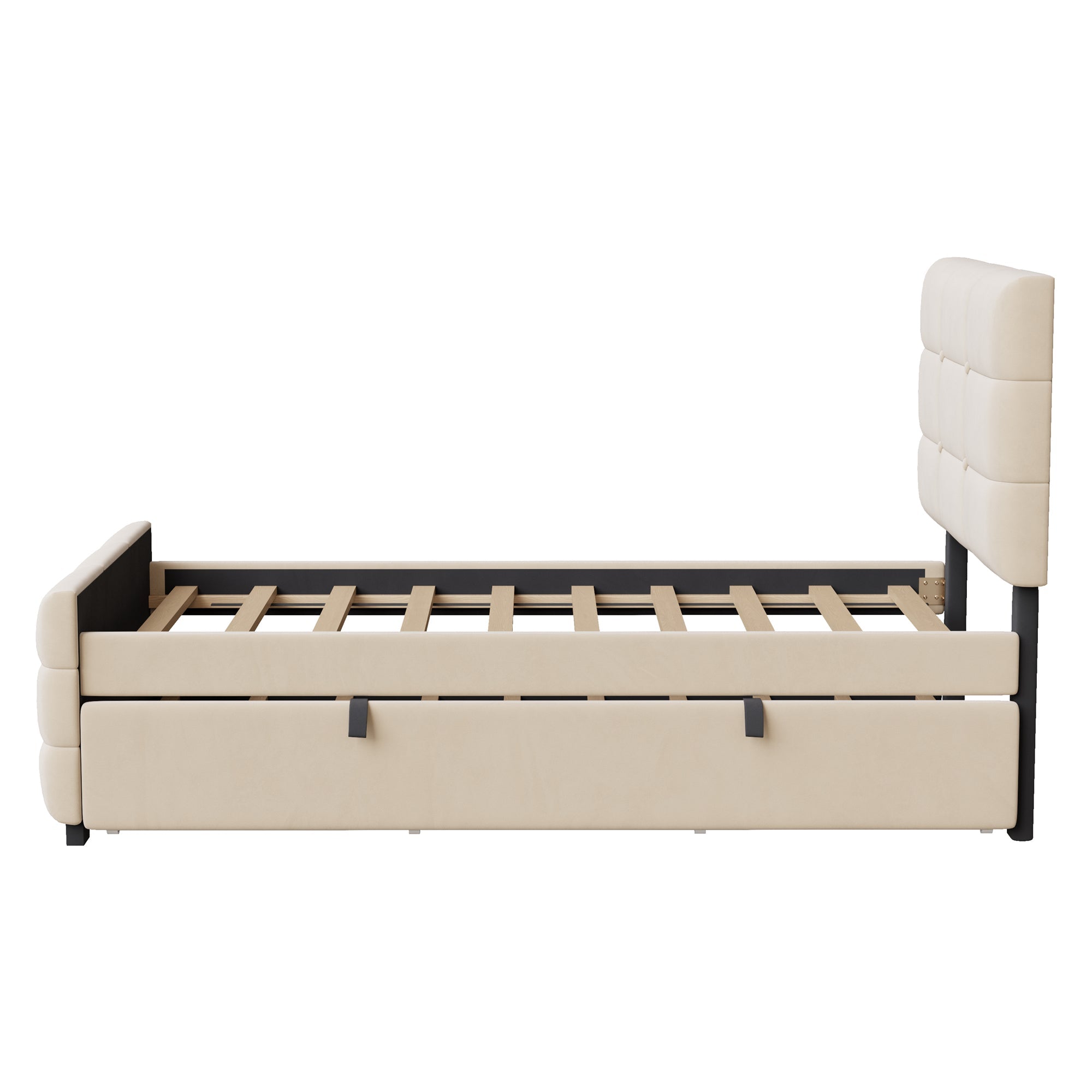 Upholstered Single Bed with Pull-out Guest Bed and Slatted Frame, 90x190cm, Beige Velvet