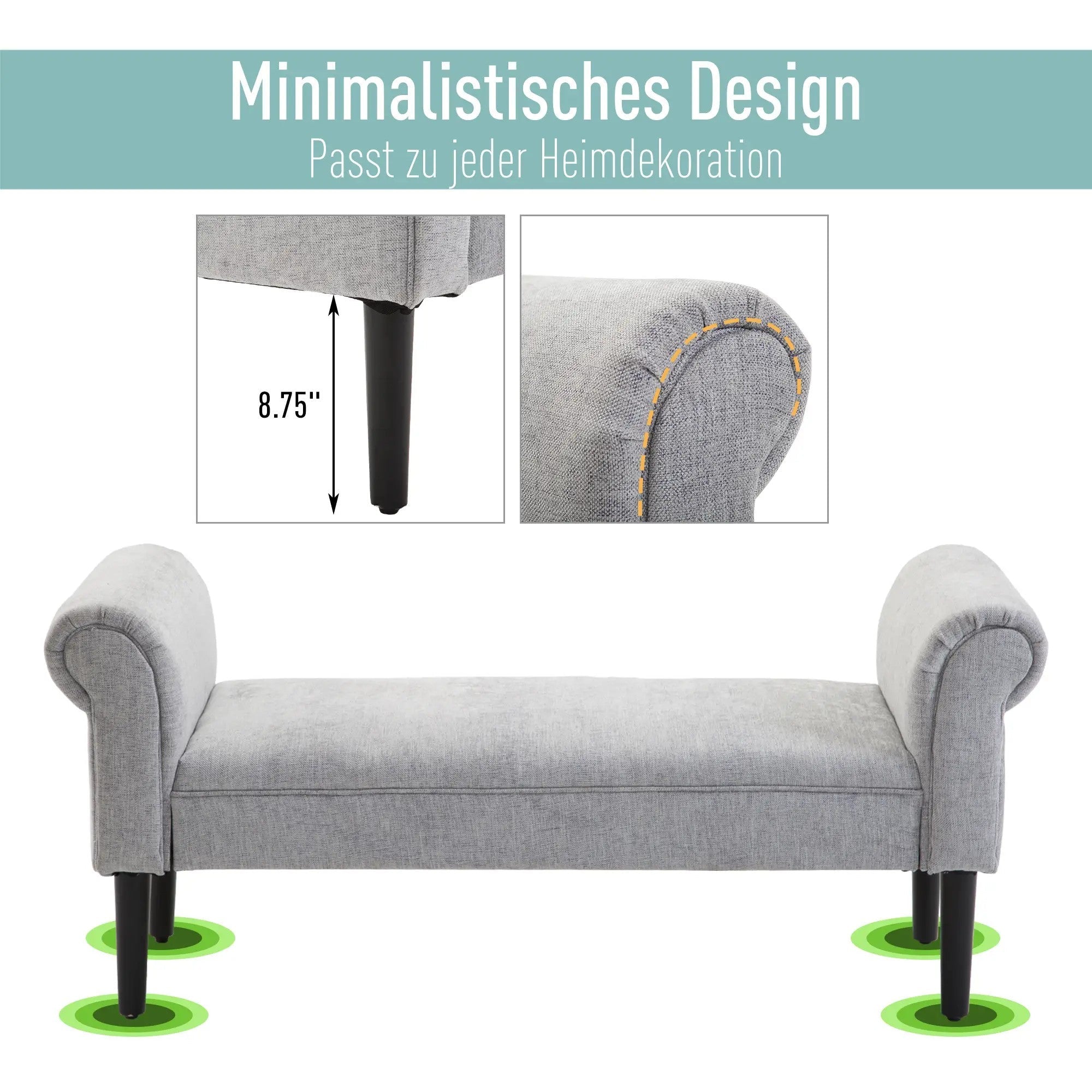 Upholstered Bench, Lounge & Hallway Seating, Linen Fabric, Light Grey