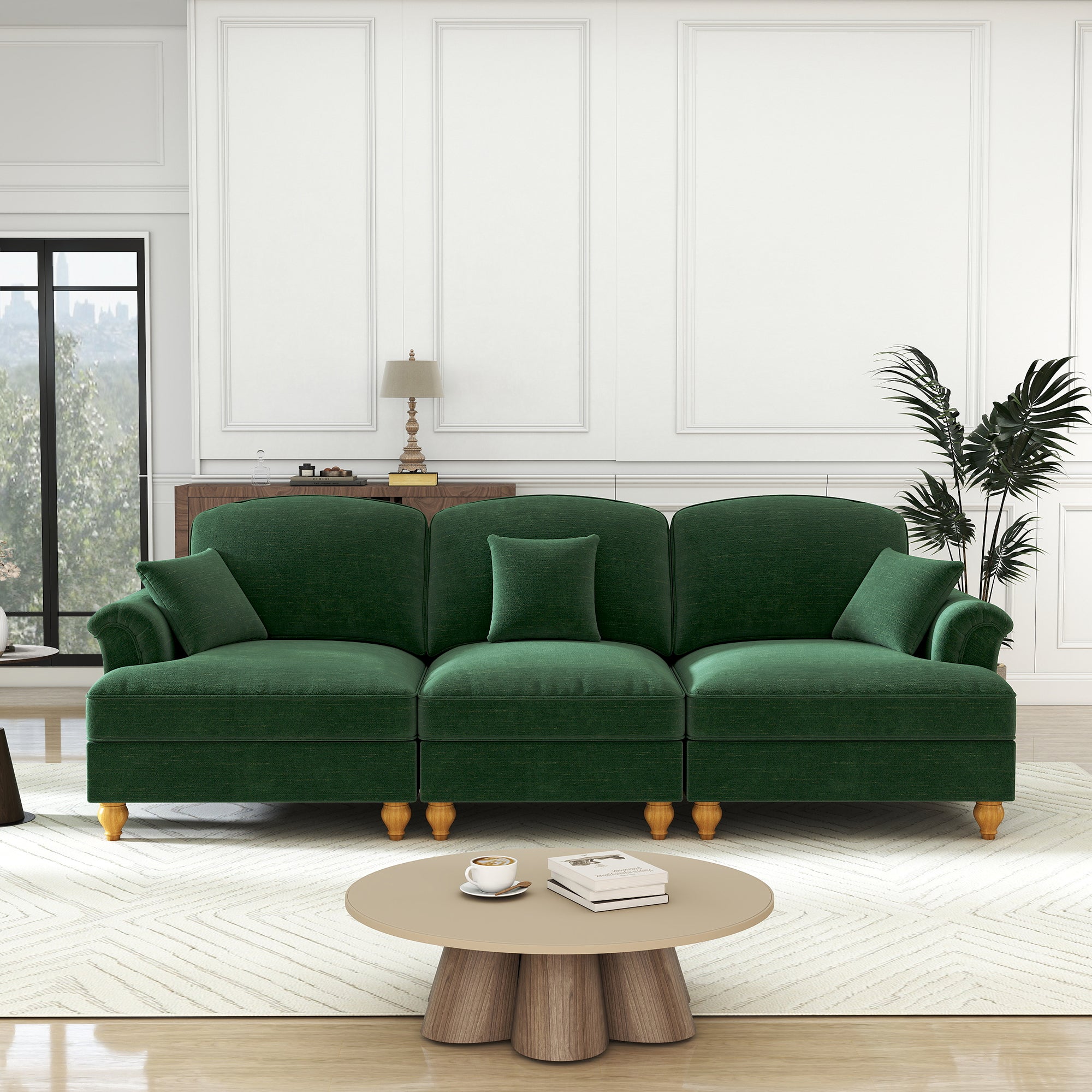 3-Seater Sofa Mid-Century Chenille Ruffled Apron Spindle Legs - Green