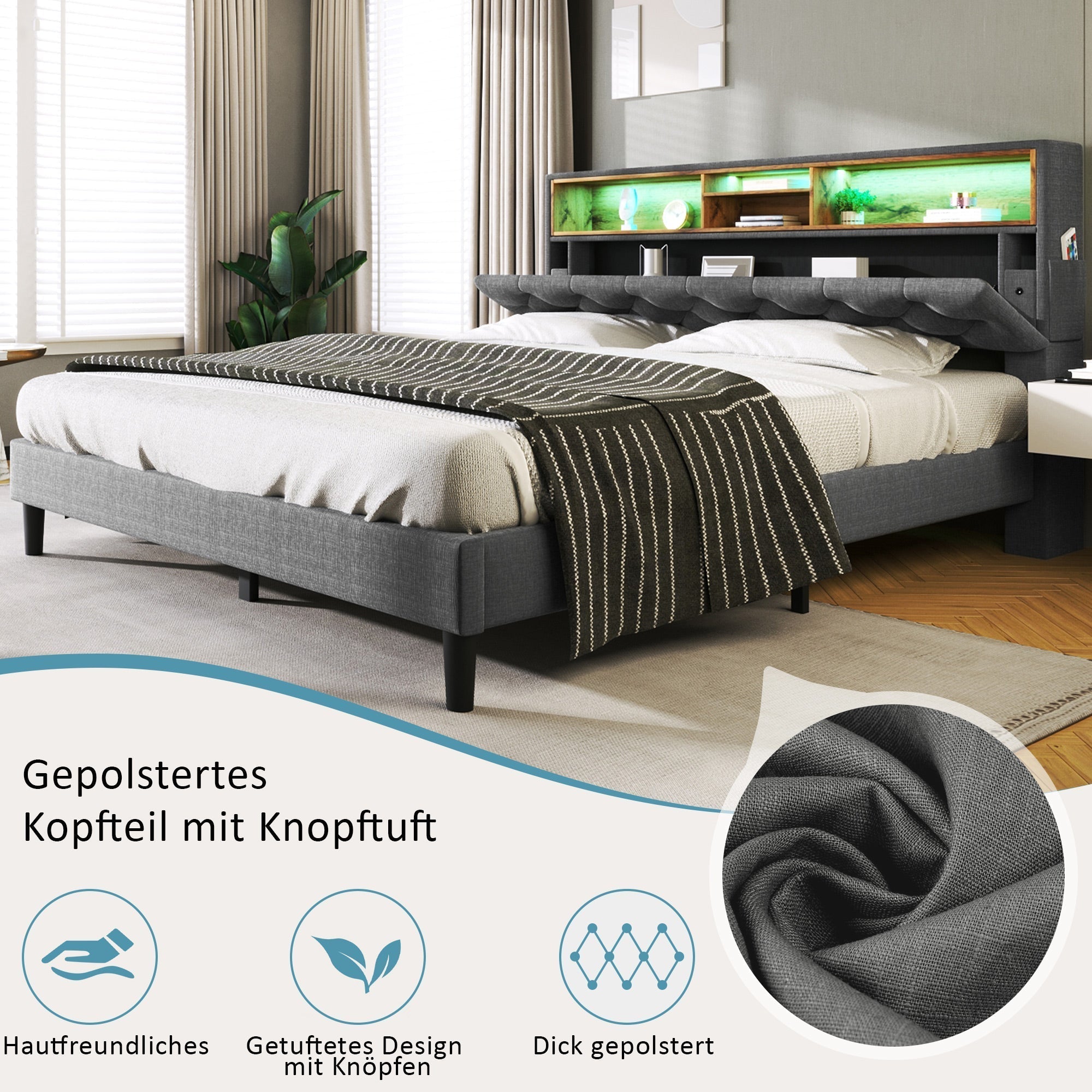 Upholstered Double Bed, Storage Headboard LED Lighting Wooden Frame 140x200cm, Grey