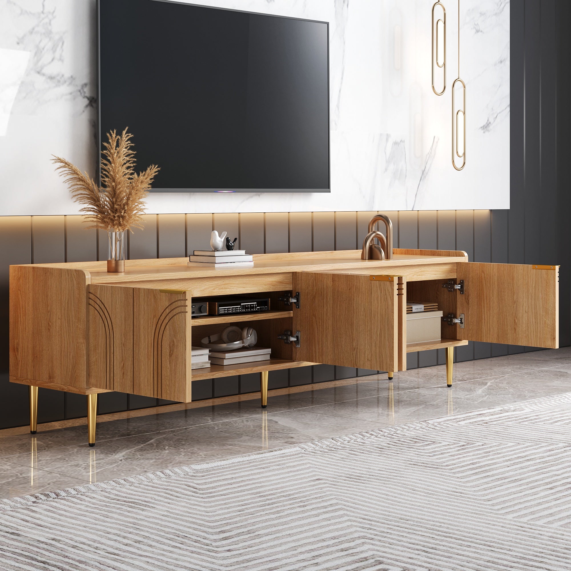 TV Cabinet Lowboard, Textured Door Gold Handles and Feet, 170cm MDF