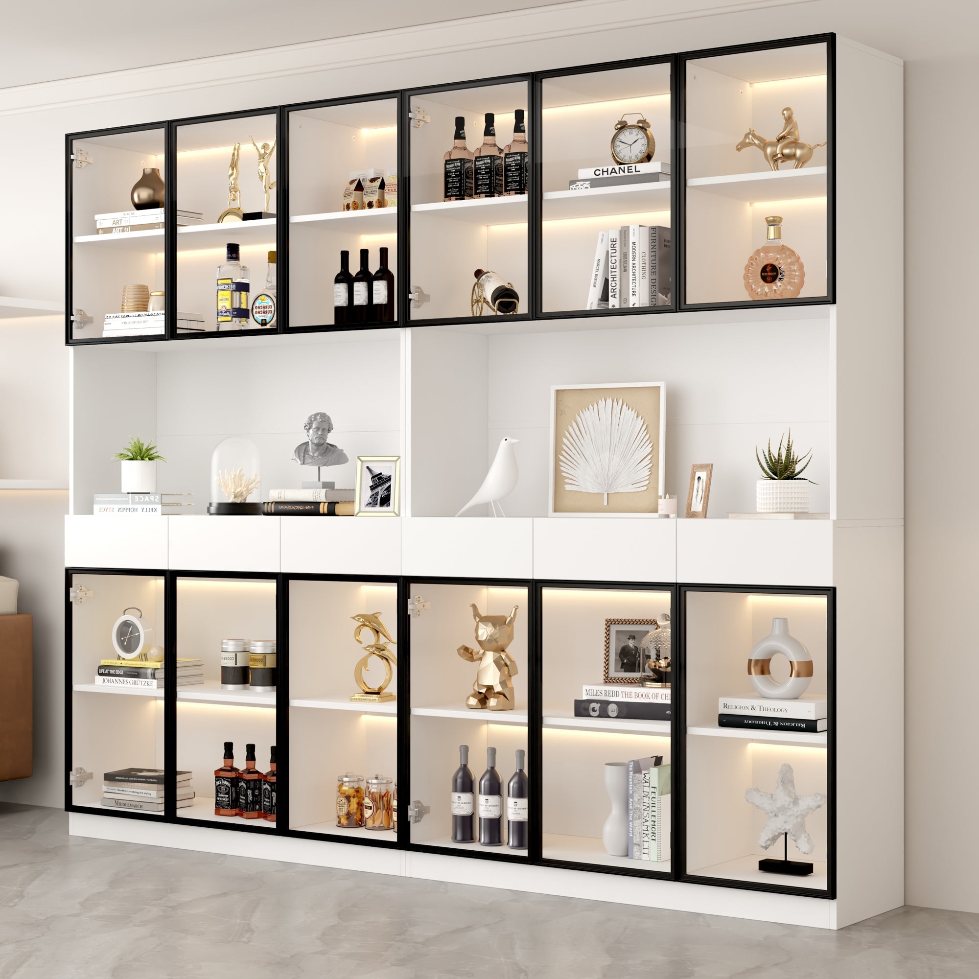 White Display Cabinet with LED Lights and Glass Doors, 200cm High, White and Black Frame