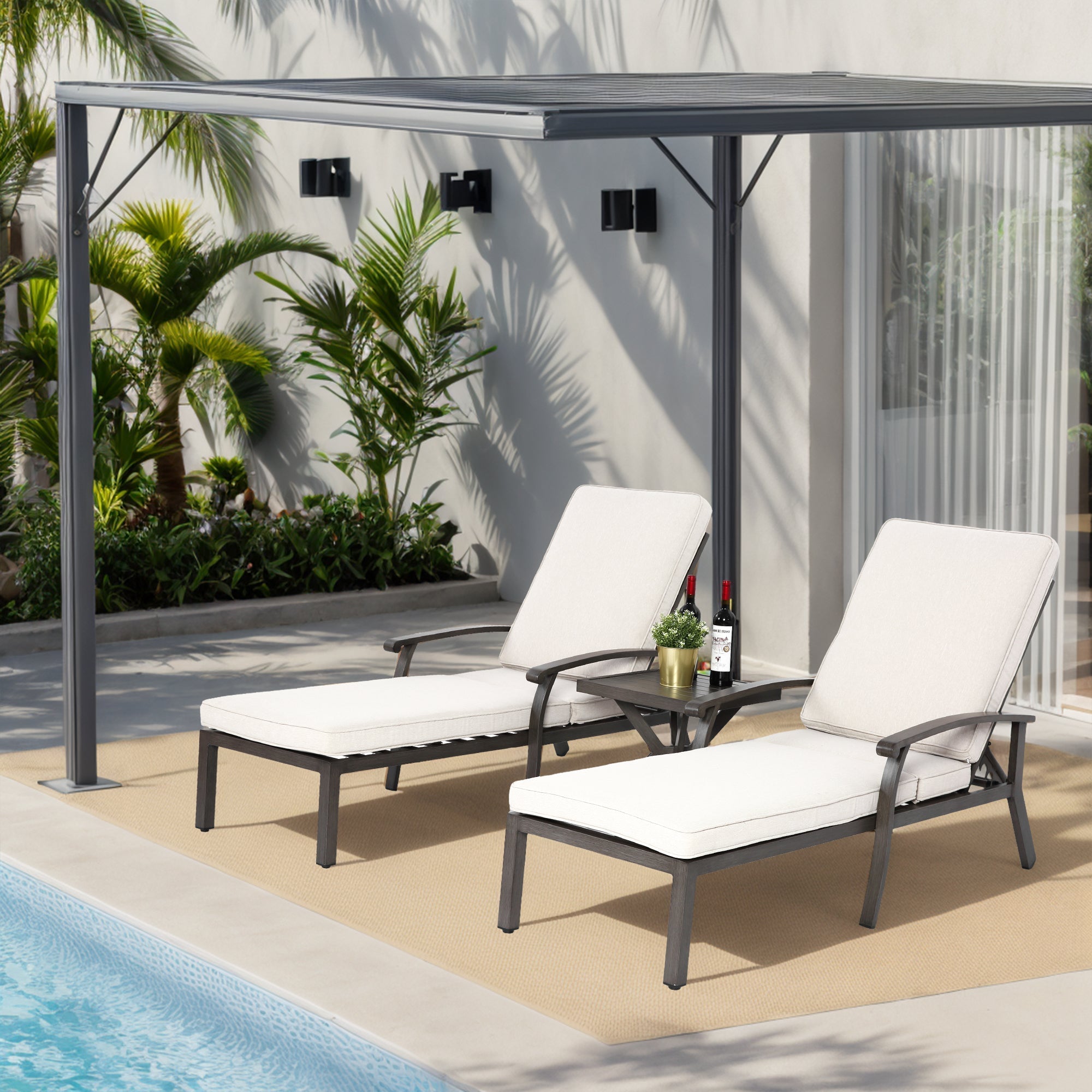 Lounge Patio Chair, Adjustable Reclining Aluminum, Waterproof Beige Cushion
