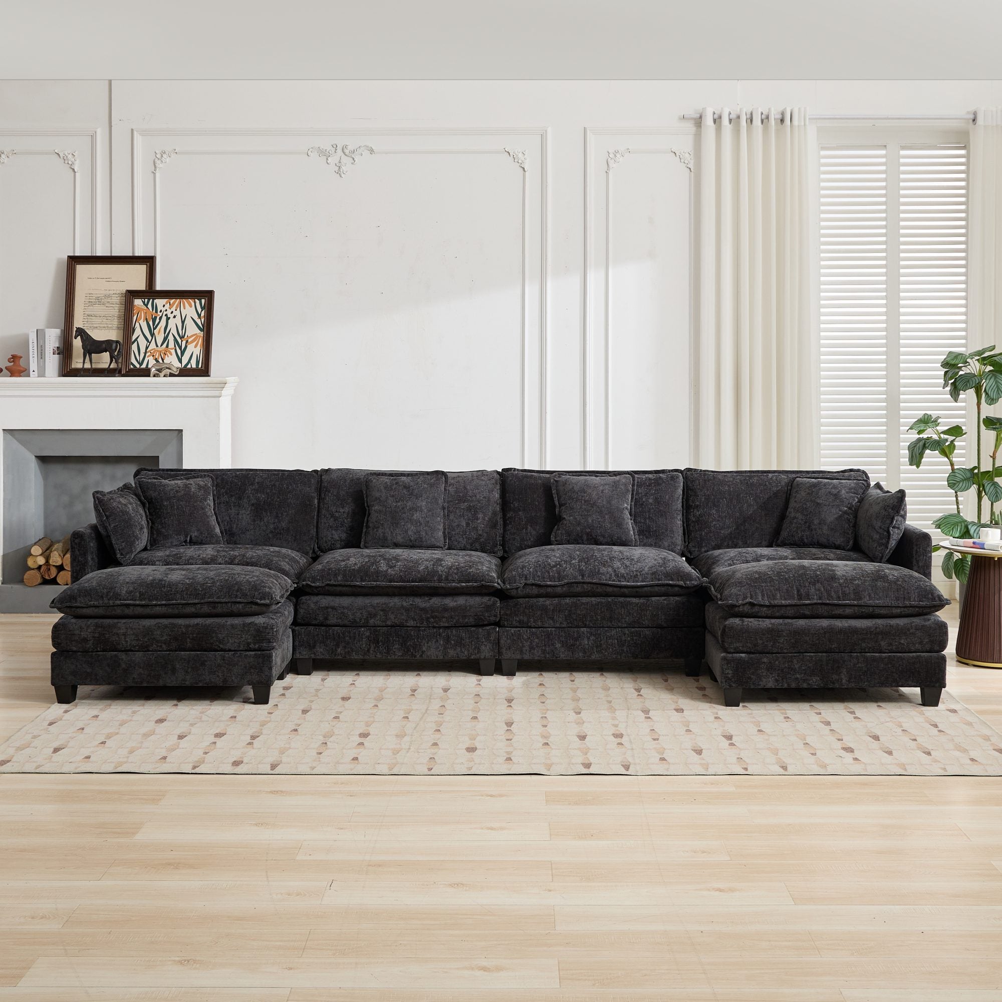 Cloud Sofa 4 Seats, Modern Sectional Couch with Double Layer Cushions, Black Chenille Fabric