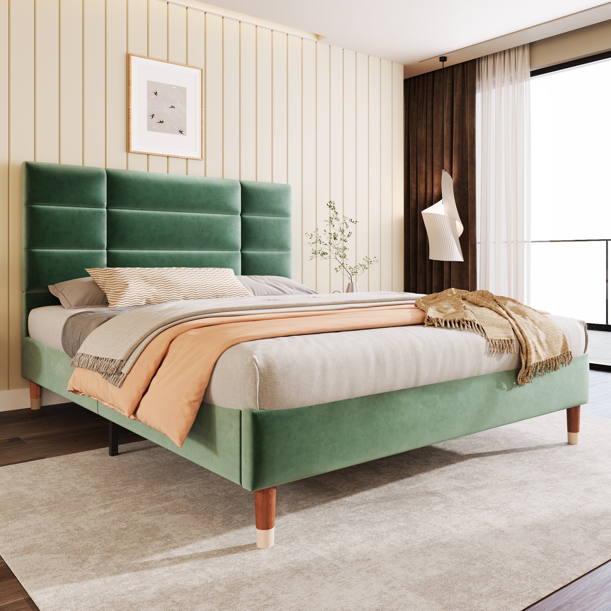 Upholstered Bed, 140x200cm Double with Slatted Frame & Headboard, Dark Green Velvet
