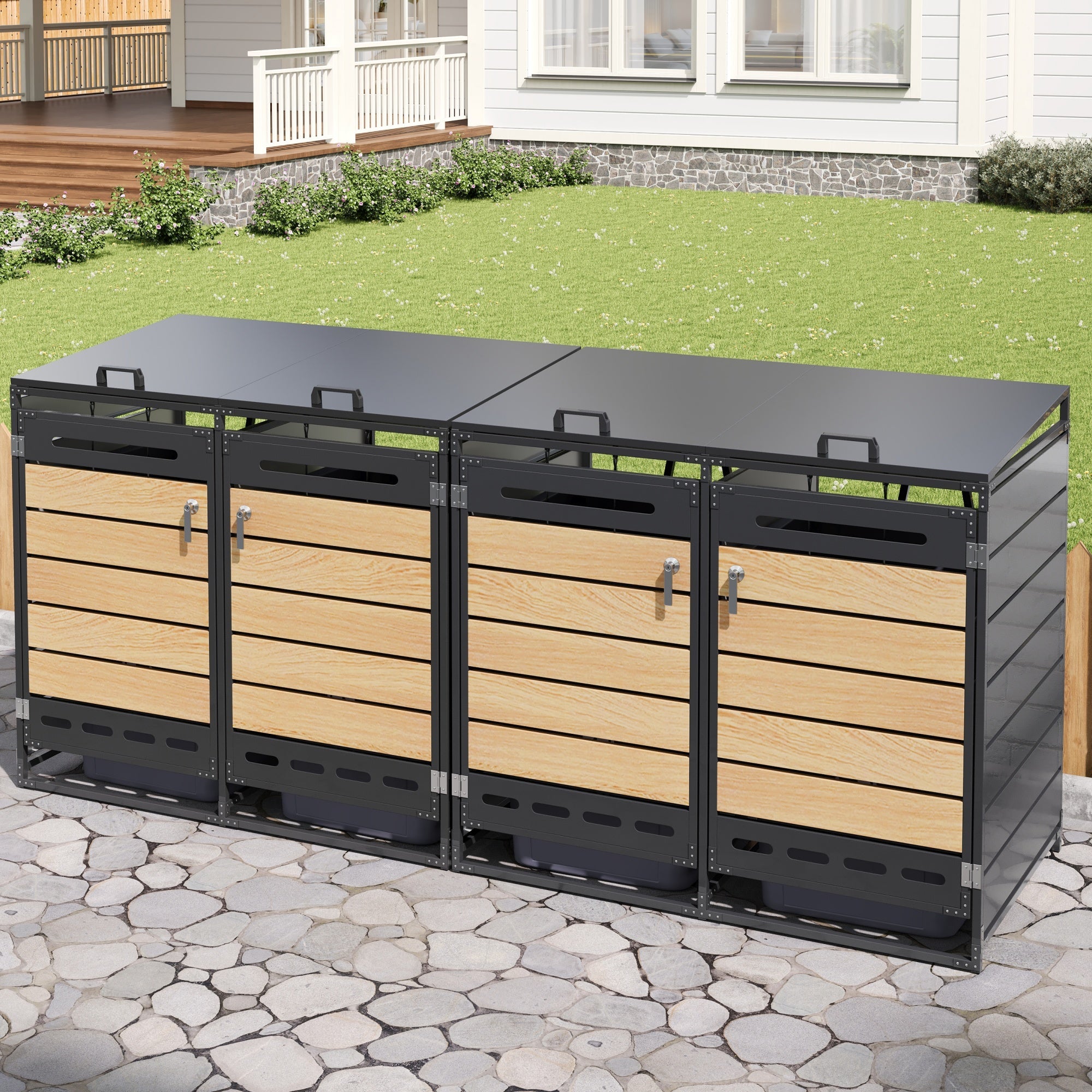 4-Bin Storage Unit with Hydraulic Lids and Slotted Ventilation, Iron and Wood-Look Cladding
