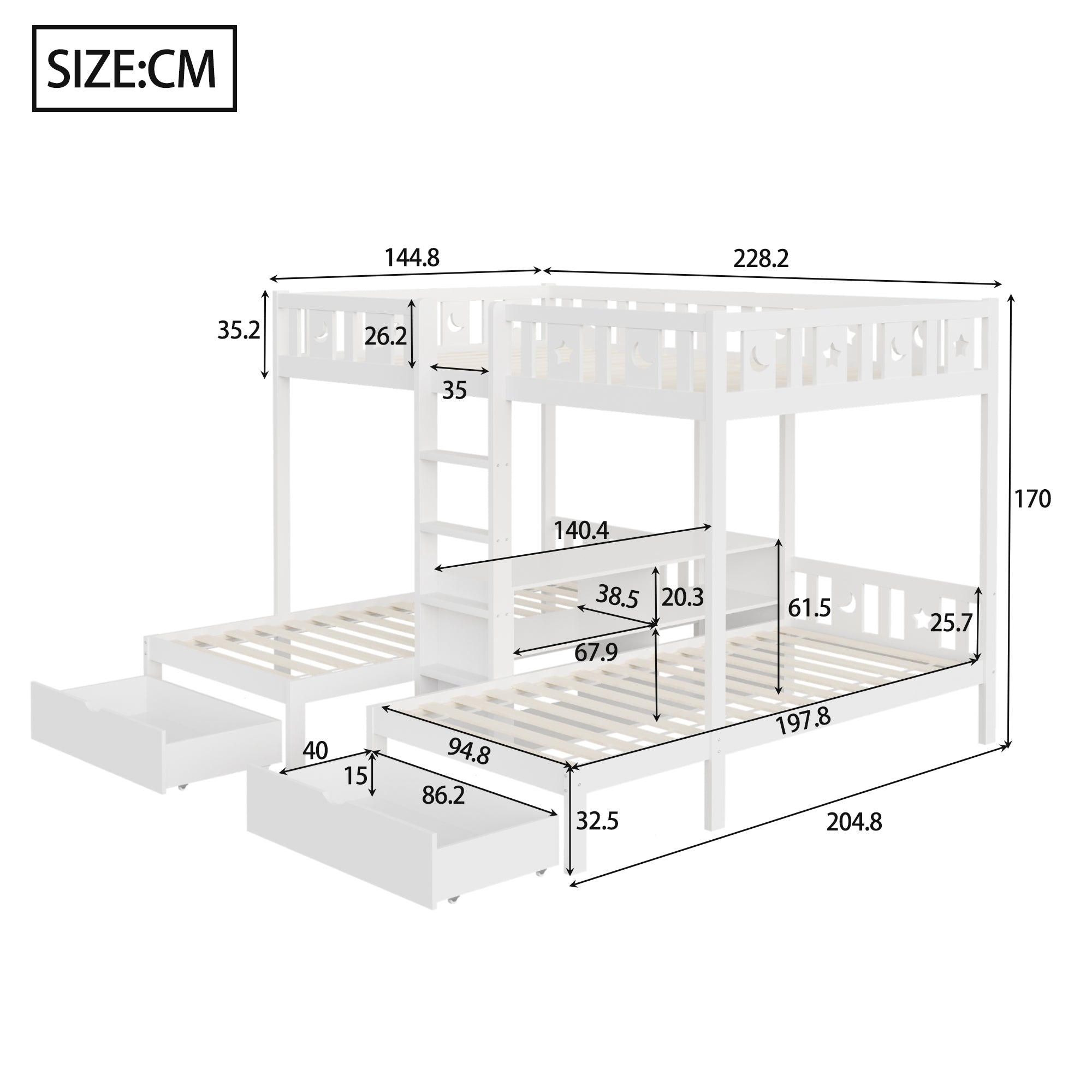 Triple Bunk Bed with Storage Stairs, Drawers and Star Moon Guardrails, 90x200cm & 140x200cm, White Solid Wood