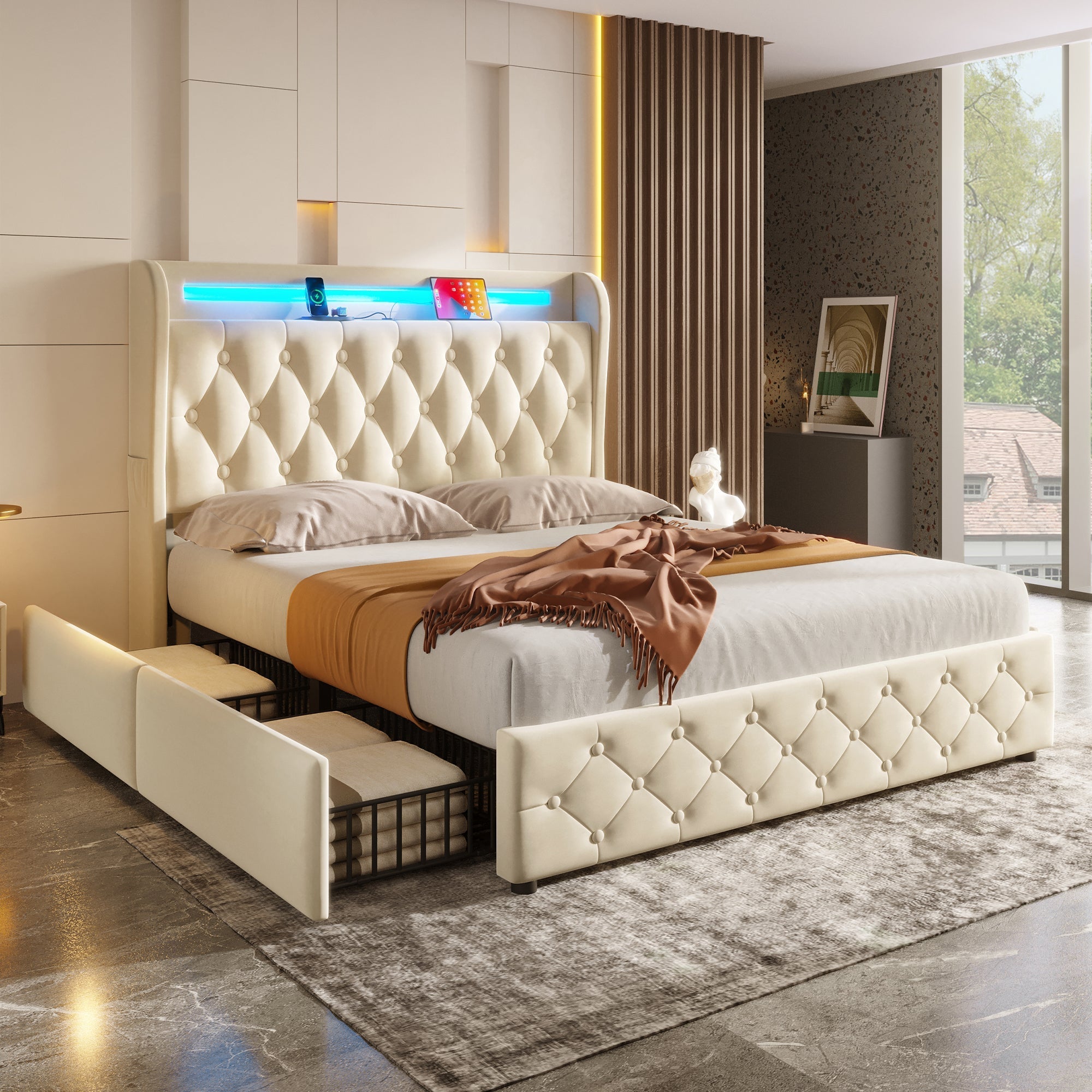Upholstered Bed 140x190cm LED USB Headboard Storage 4 Drawers - Velvet