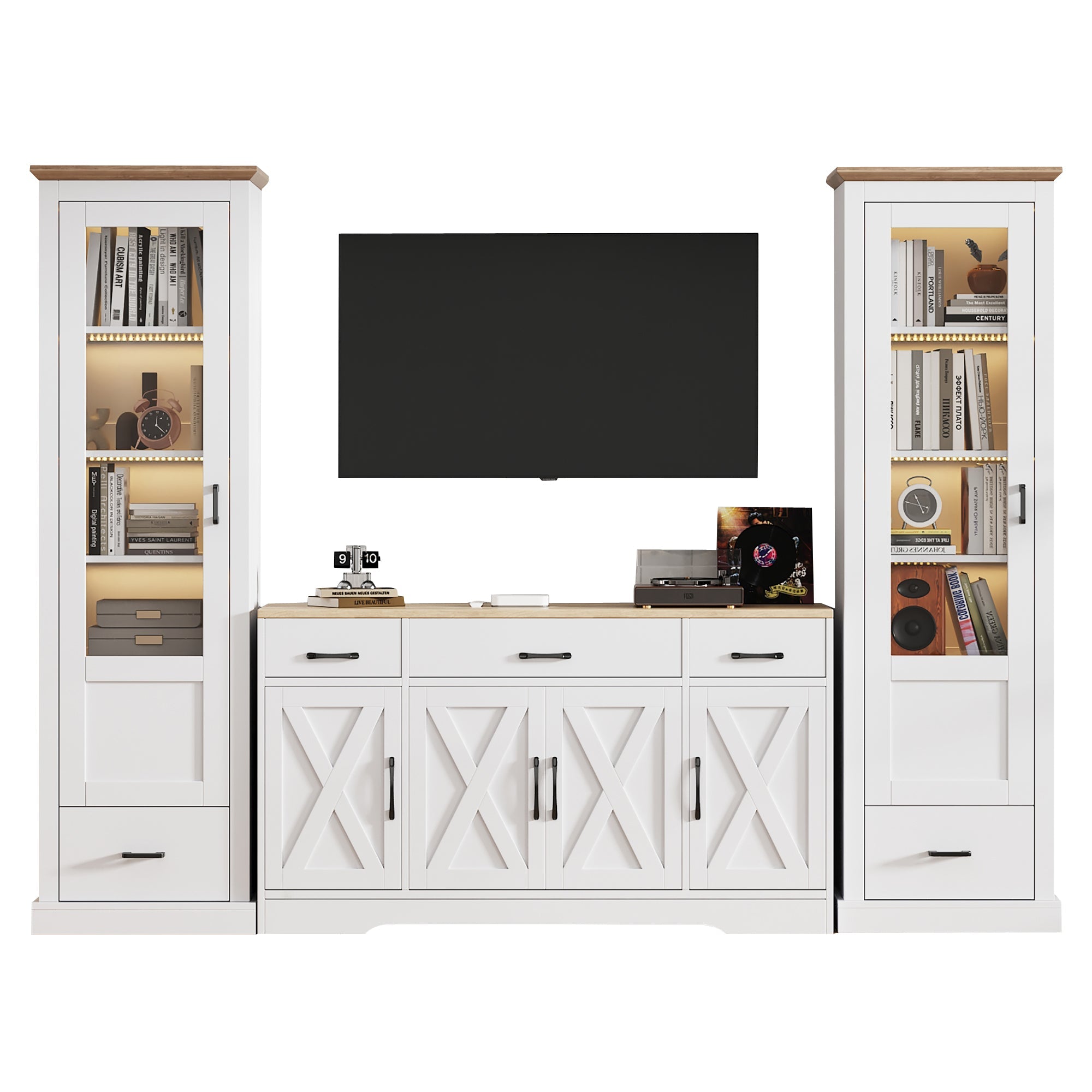 Living Room Set Combo, LED Display Cabinets and Multifunctional Sideboard, Matte White