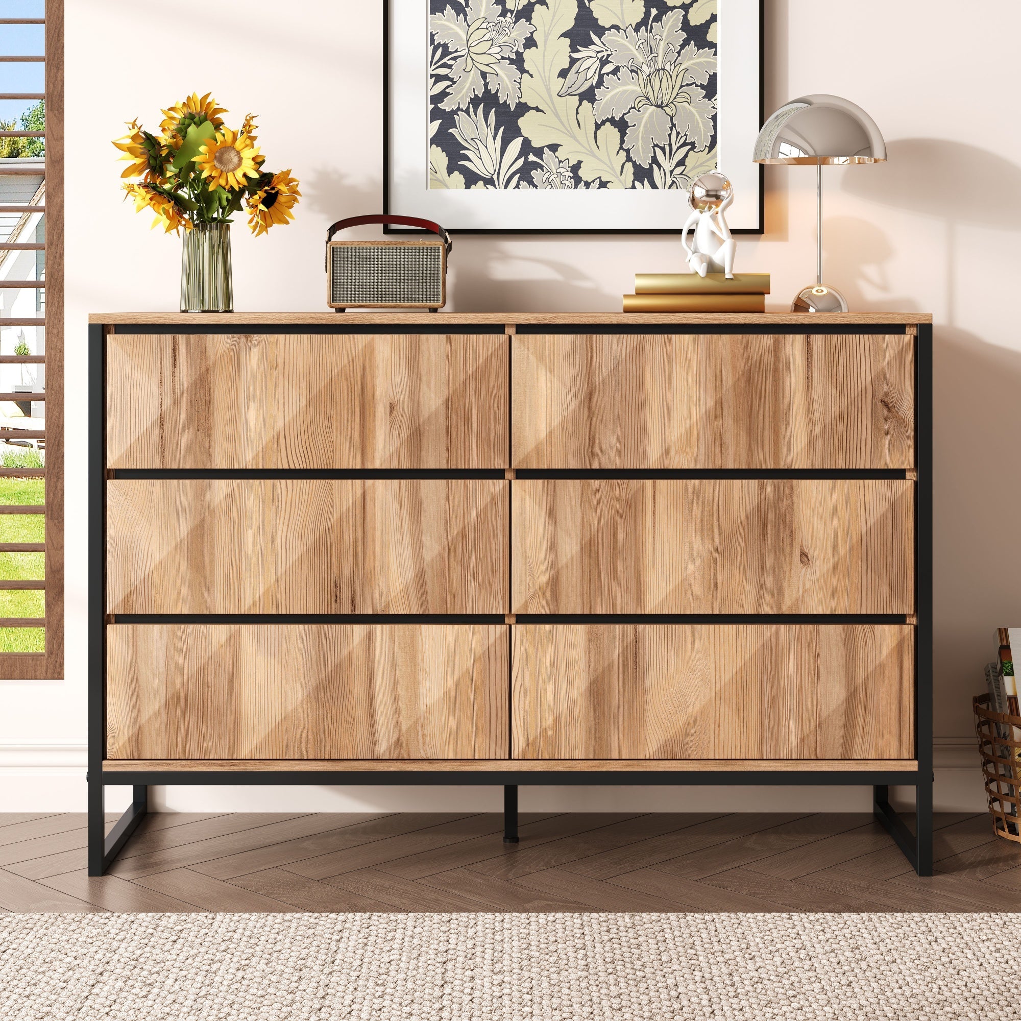 Sideboard & Chest of Drawers, Metal Legs, Raised Doors, Black and Natural Wood