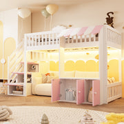Loft Bed 90x200cm with Storage Stairs Wardrobe LED Light Wooden Pink