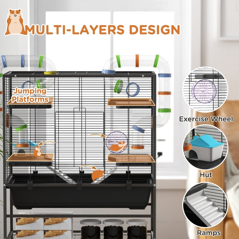 Large Hamster Cage, Gerbil Cage with Tubes, Shelf, Ramps, Platforms, Running Wheel - Black