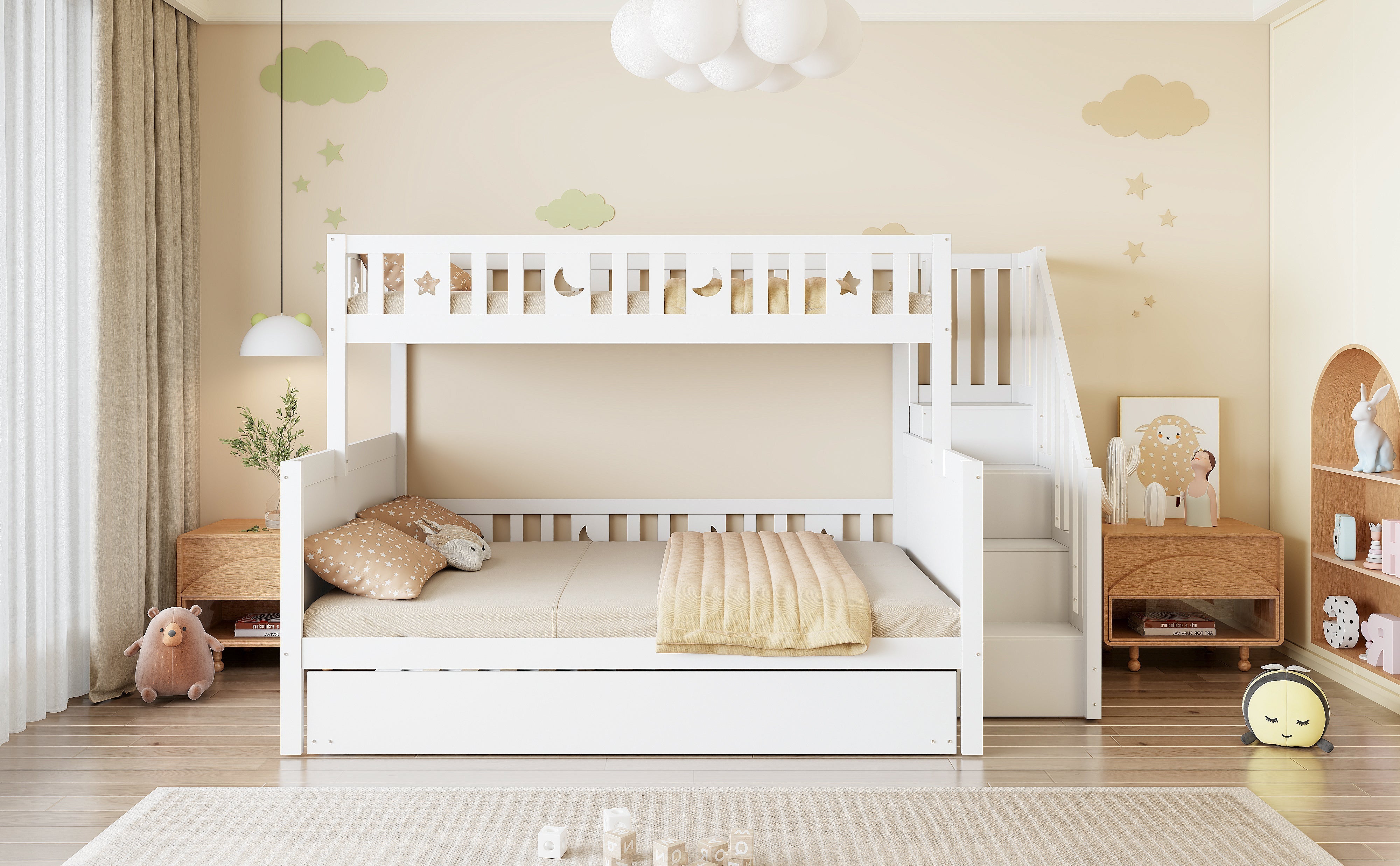 Multifunctional Bunk Bed with Storage and Slatted Frame, 90x200 and 140x200, White Pine Wood