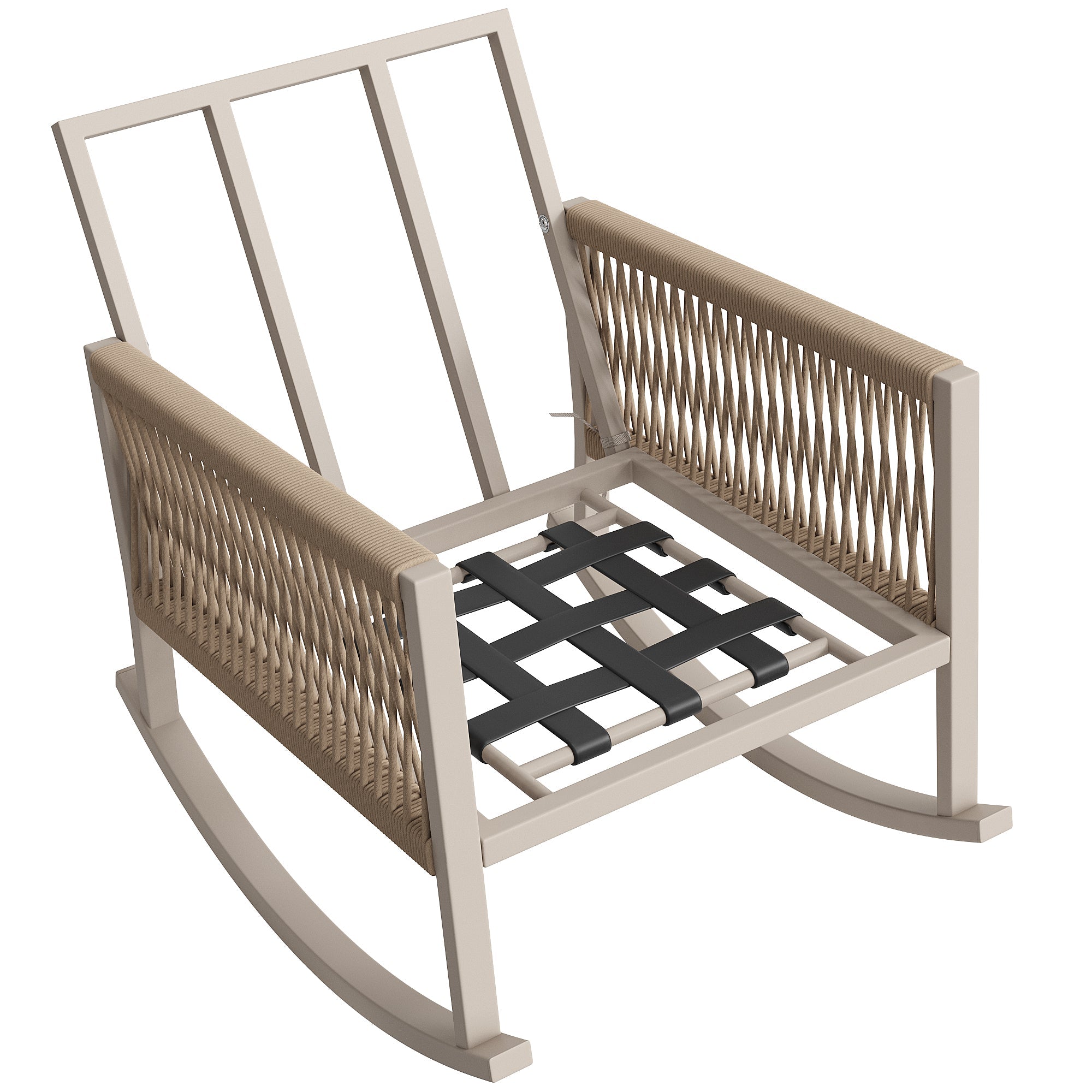 Outdoor Rocking Chair with Cross-Rope Weaving and Cushions, Weatherproof Metal Frame