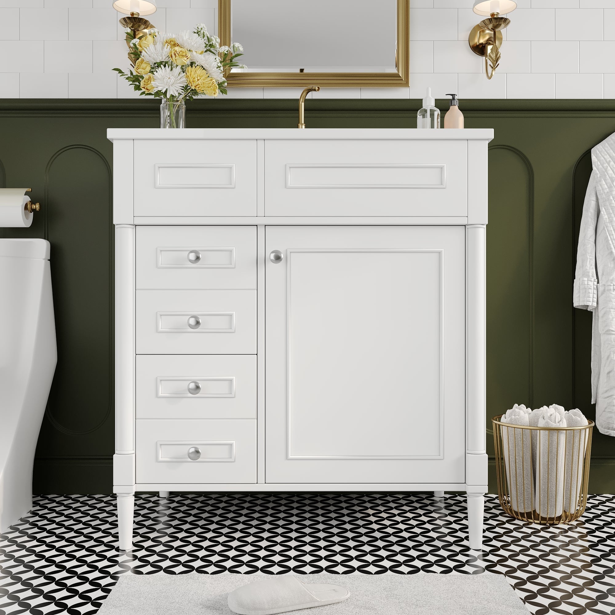 Bathroom Vanity Unit with Sink and 2 Storage Drawers, White
