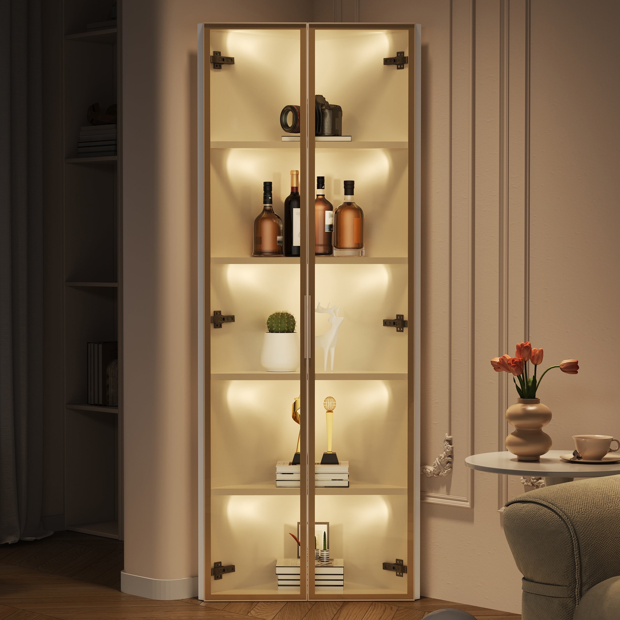 LED Glass Display Case with Integrated Light Strip and Tempered Glass, White