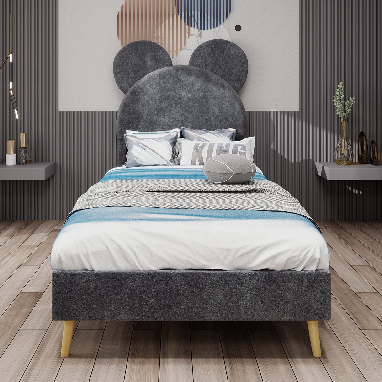 Upholstered Bed, Modern Minimalist, Cartoon-Design Headboard, 140x200 cm, Grey