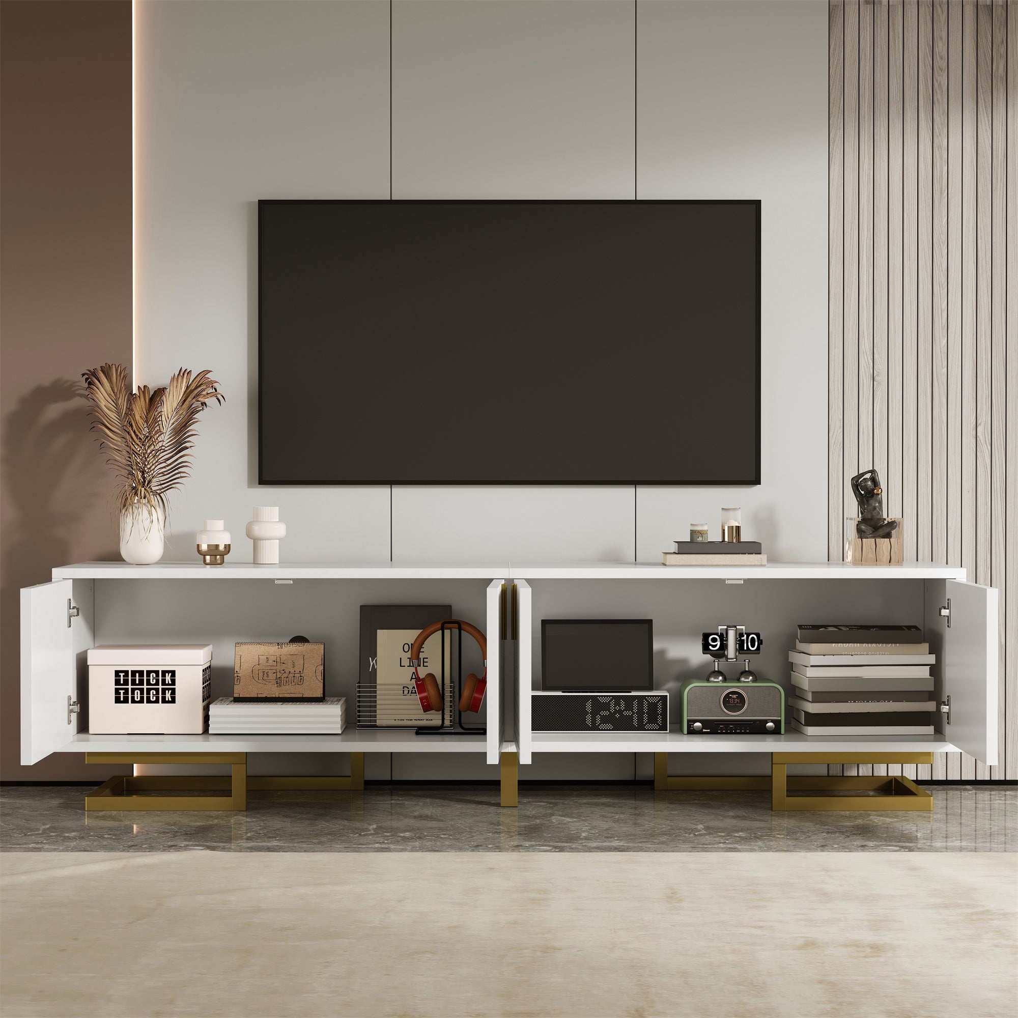 TV Cabinet Lowboard Textured Doors Gold Handles and Legs