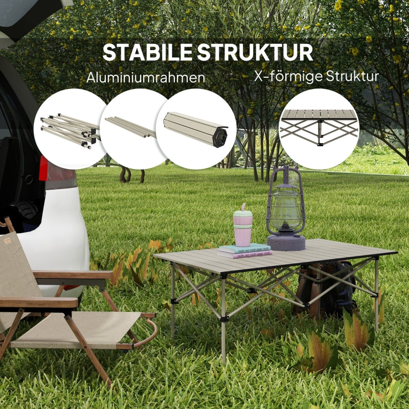 Camping Table Folding Table with Roll-Up Top, X-Frame, Lightweight 2-Person, 95 x 55 cm, Aluminum Khaki