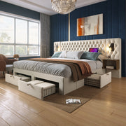Bedroom Set, Upholstered Double Bed with 2 Nightstands & 4 Drawers, USB Reading Light, Beige Velvet