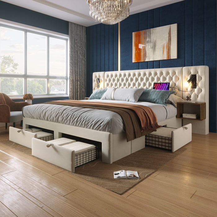Bedroom Set, Upholstered Double Bed with 2 Nightstands & 4 Drawers, USB Reading Light, Beige Velvet