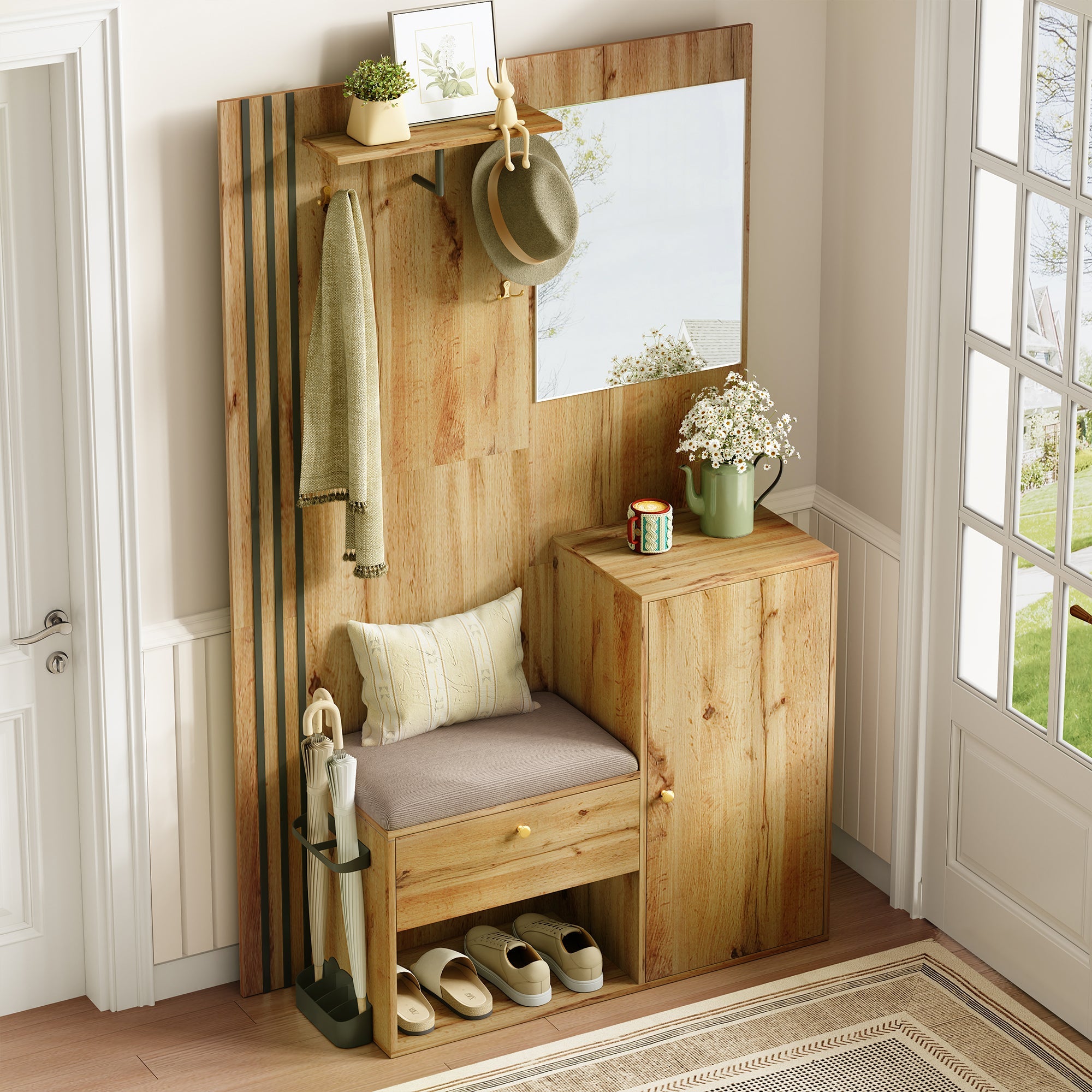 Wardrobe Set, Compact Hallway with Mirror & Cushion, Black Trim