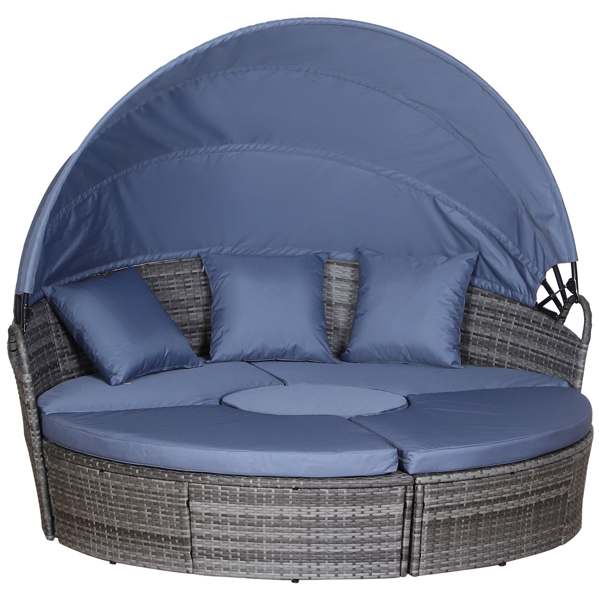 PE Rattan Lounge Set, 5-Piece Round Sofa Bed with Retractable Canopy, Grey