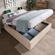 Upholstered Double Bed 160x200cm, USB-C & Slatted Frame, Natural Linen
