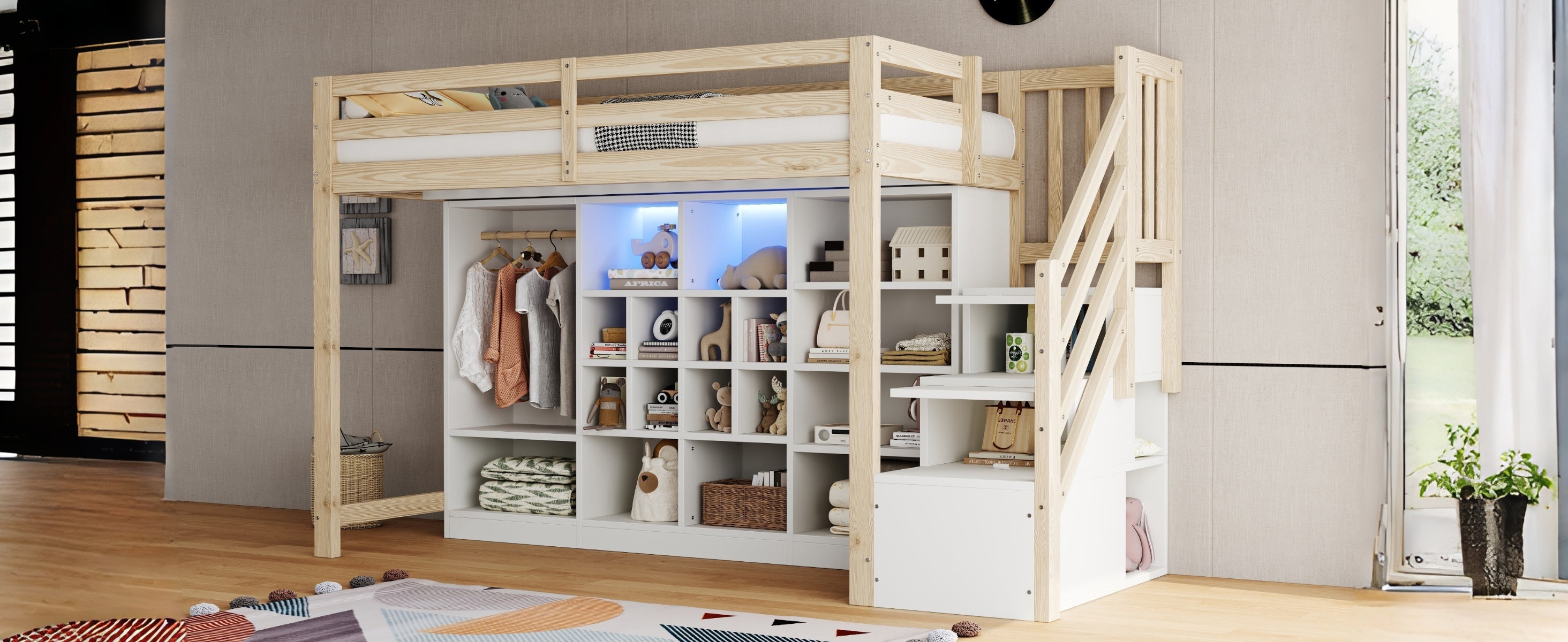 Loft Bed with Wardrobe, Storage Cabinets, LED and Side Ladder, 90x200cm, Wood Color