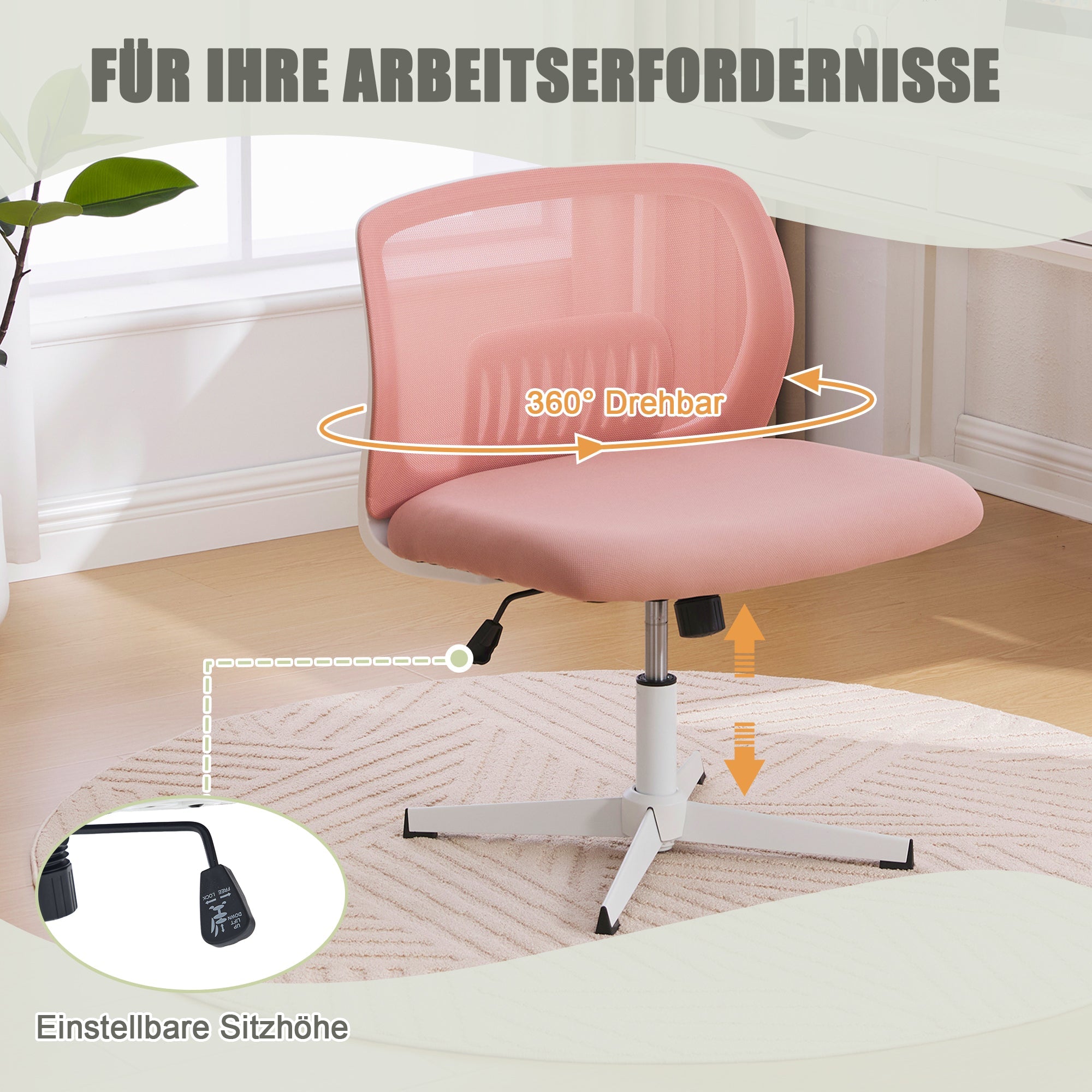Armless Office Chair, Reading Chair, Rocking Function, Height Adjustable, 360° Rotatable