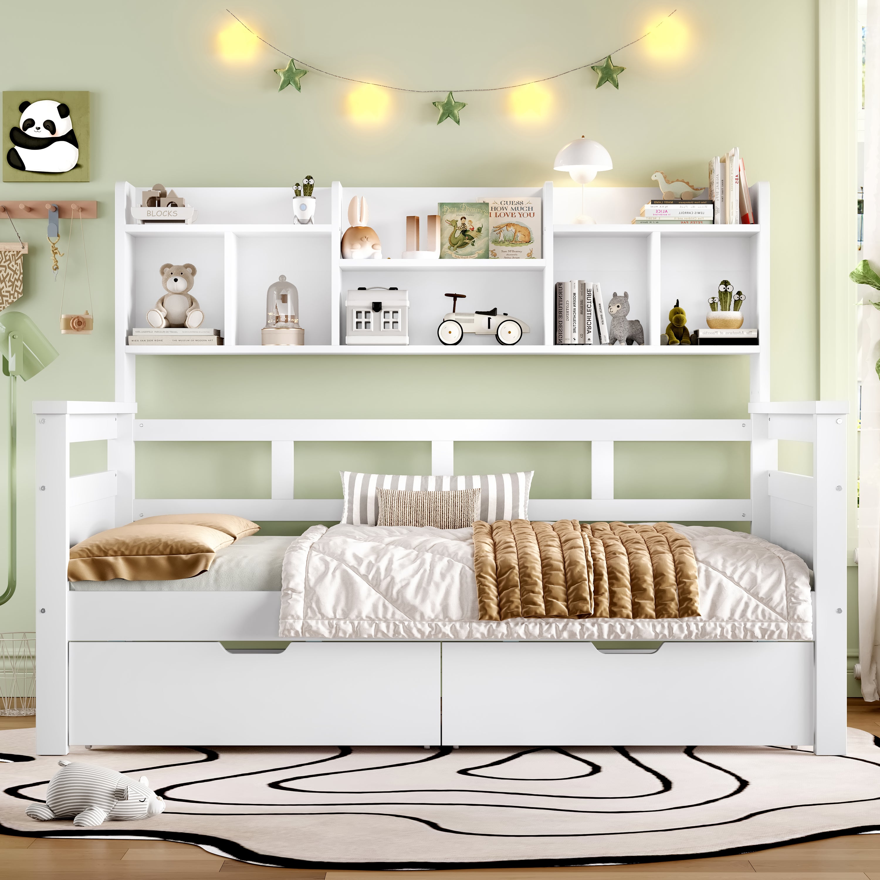 3ft Single Wooden Bed Frame with Two Storage Drawers and Bookcase Headboard, White