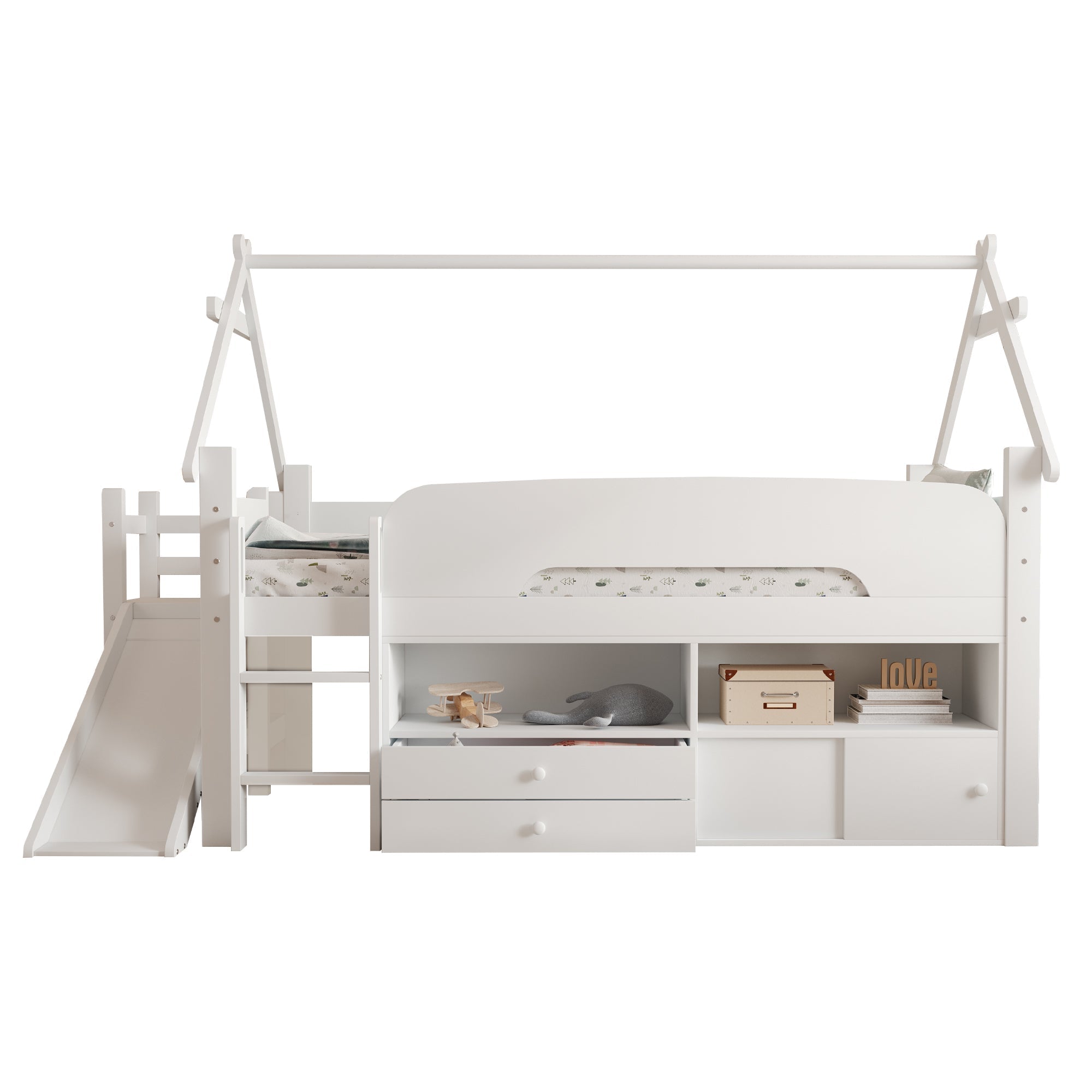 Children's Loft Bed with Roof Frame, Slide, and Storage, White Solid Wood