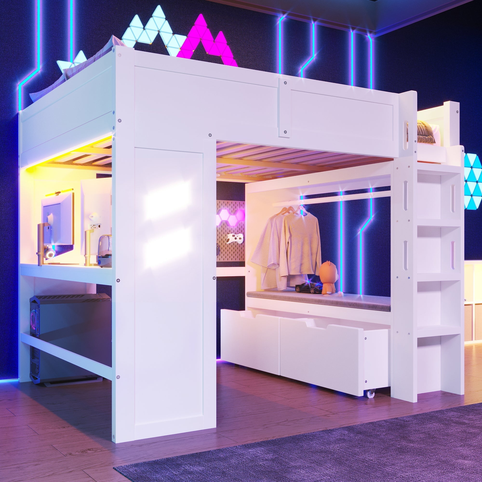 Loft Bed 140x200cm Gaming with Desk, LED Lights, USB/Type-C Ports, White