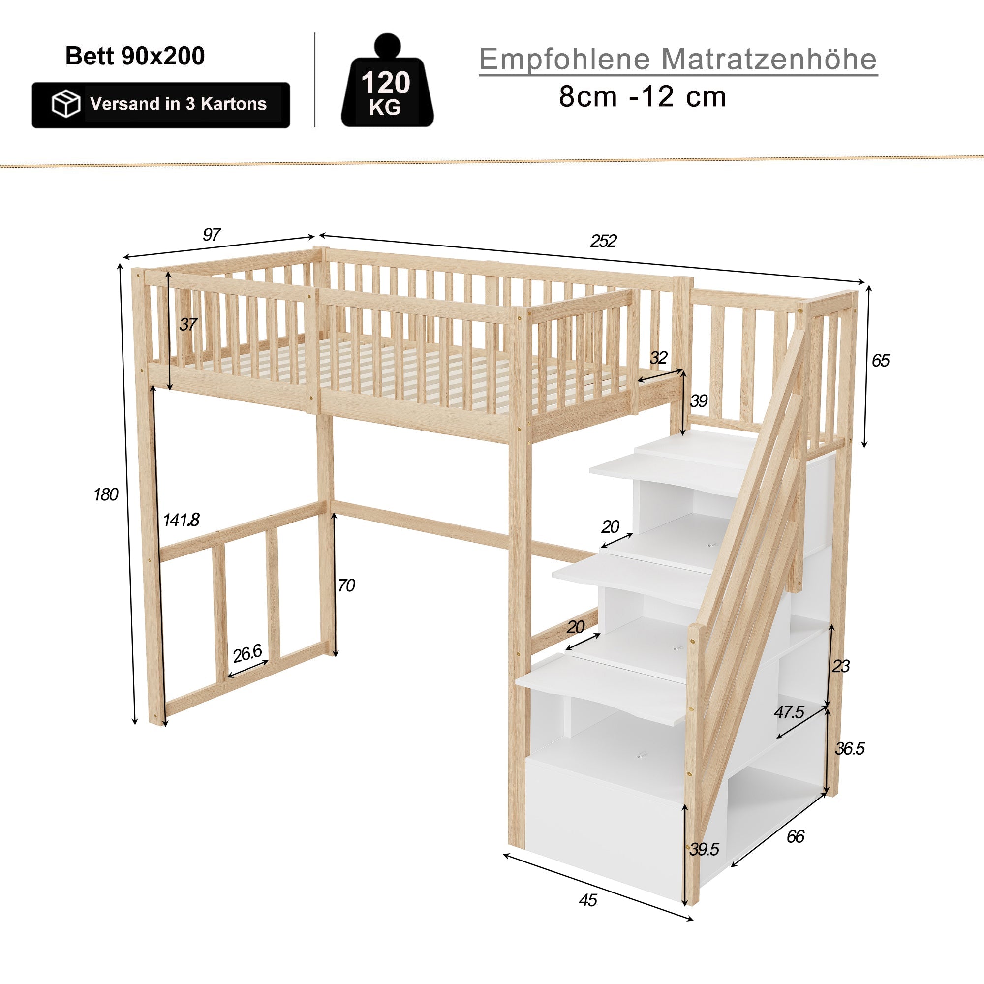 Loft Bed 90x200 Safety Storage Ladder, Solid Pine Wood