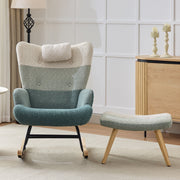 Boucle Rocking Chair Patchwork Stripe Rubberwood Iron Frame with Footstool, Colorful Look