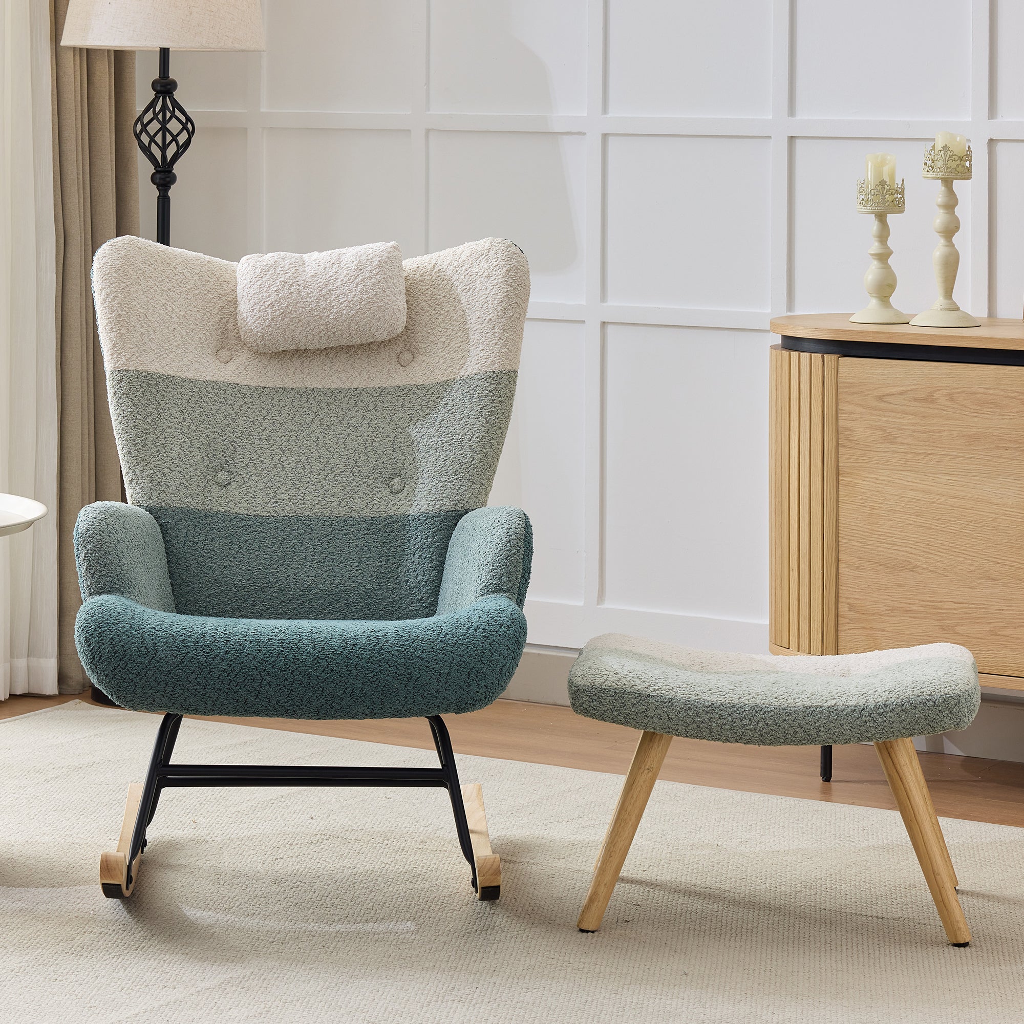 Boucle Rocking Chair Patchwork Stripe Rubberwood Iron Frame with Footstool, Colorful Look