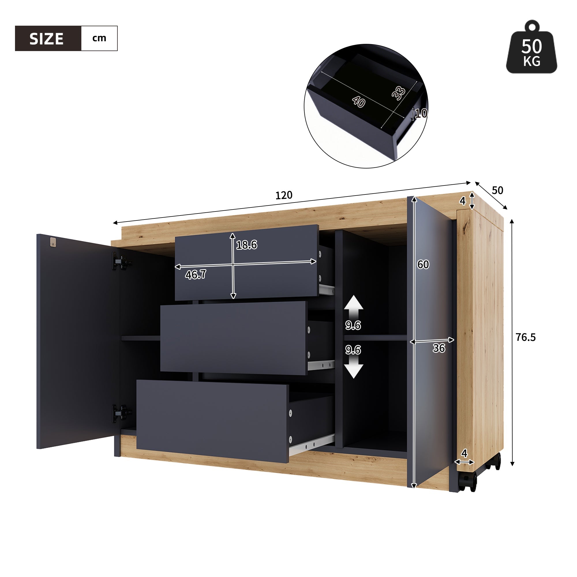 Desk Multifunctional Rotating Foldable Corner Sideboard with Lockable Casters, Grey/Oak