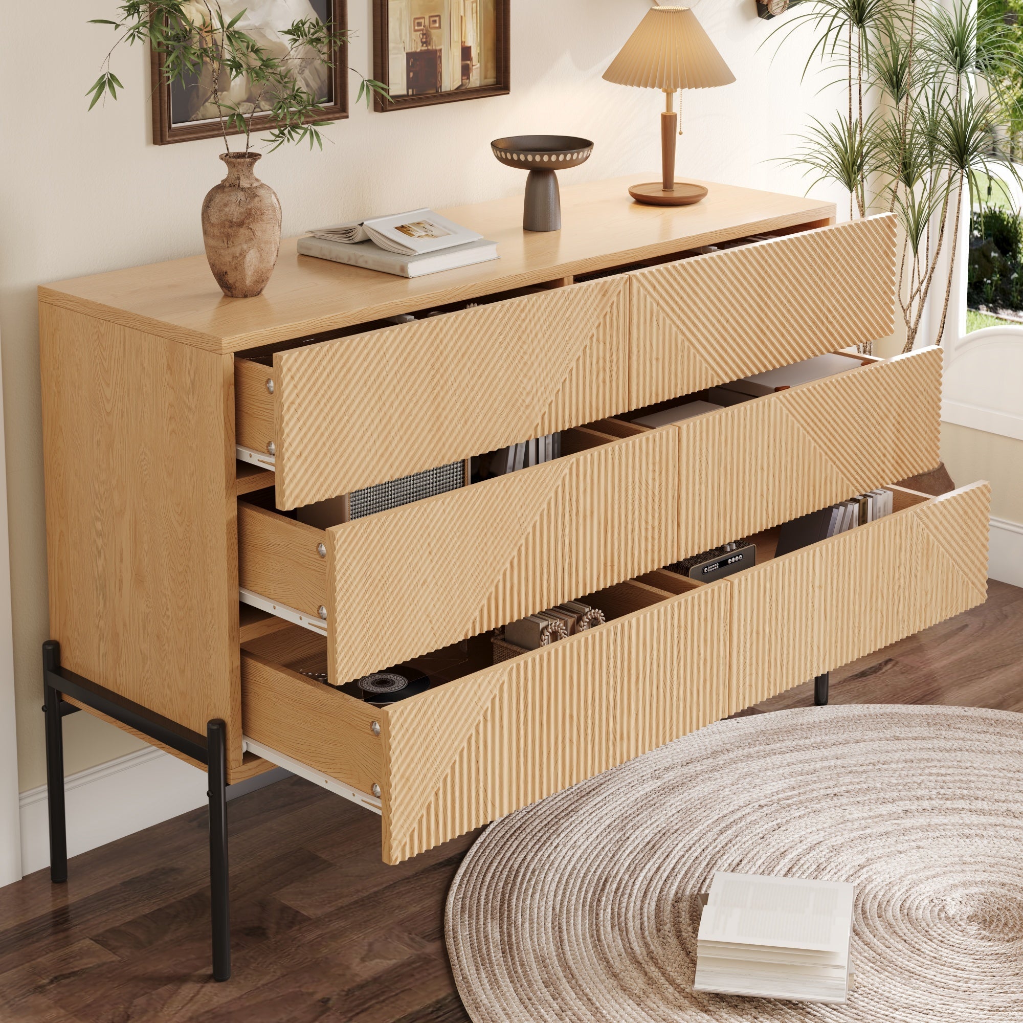 Sideboard with Six Drawers and 3D Geometric Texture, Multifunctional Storage for Living and Dining Room, Wood and Metal