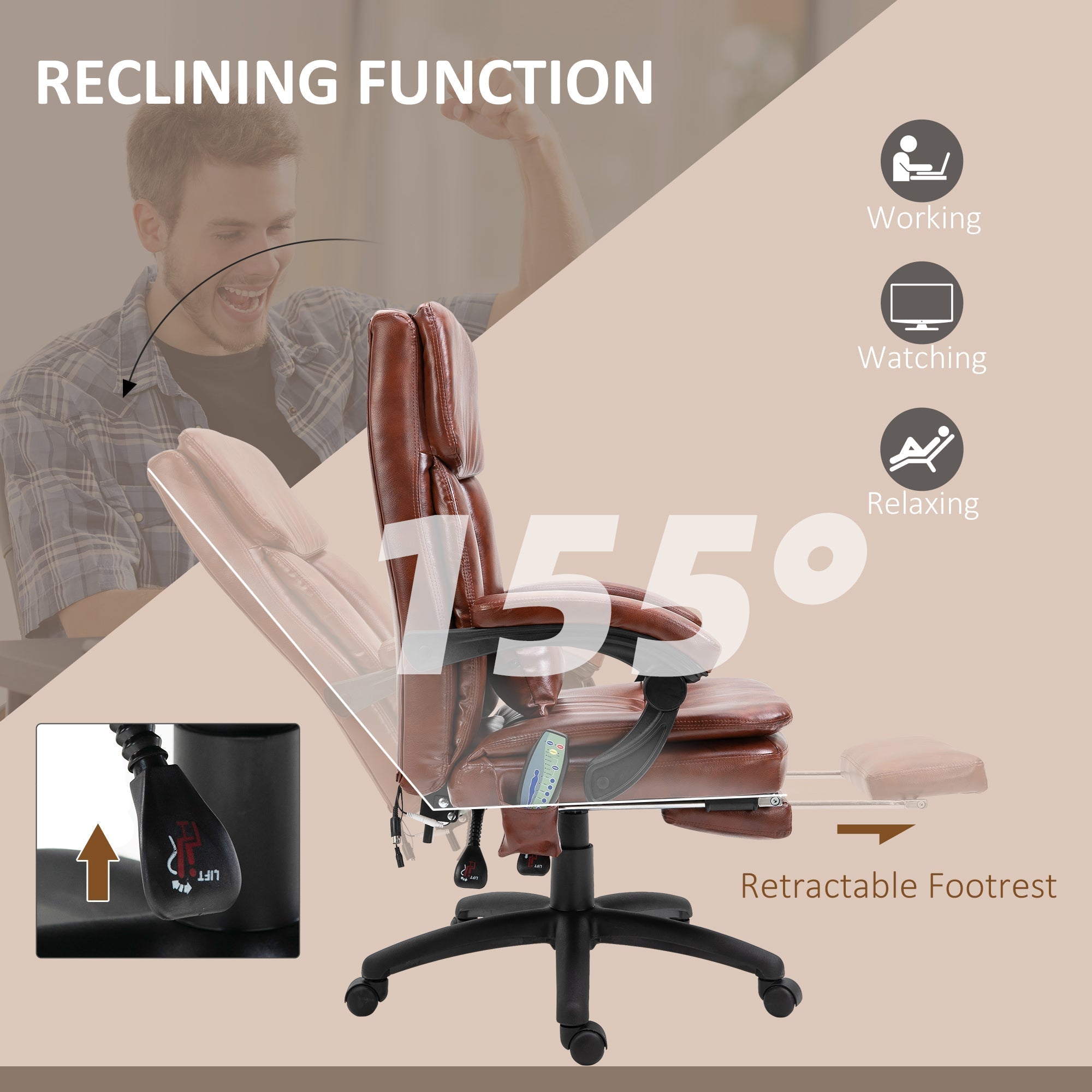 PU Leather Office Chair 7 Point Vibrating Massage Footrest Adjustable Reclining Back Brown