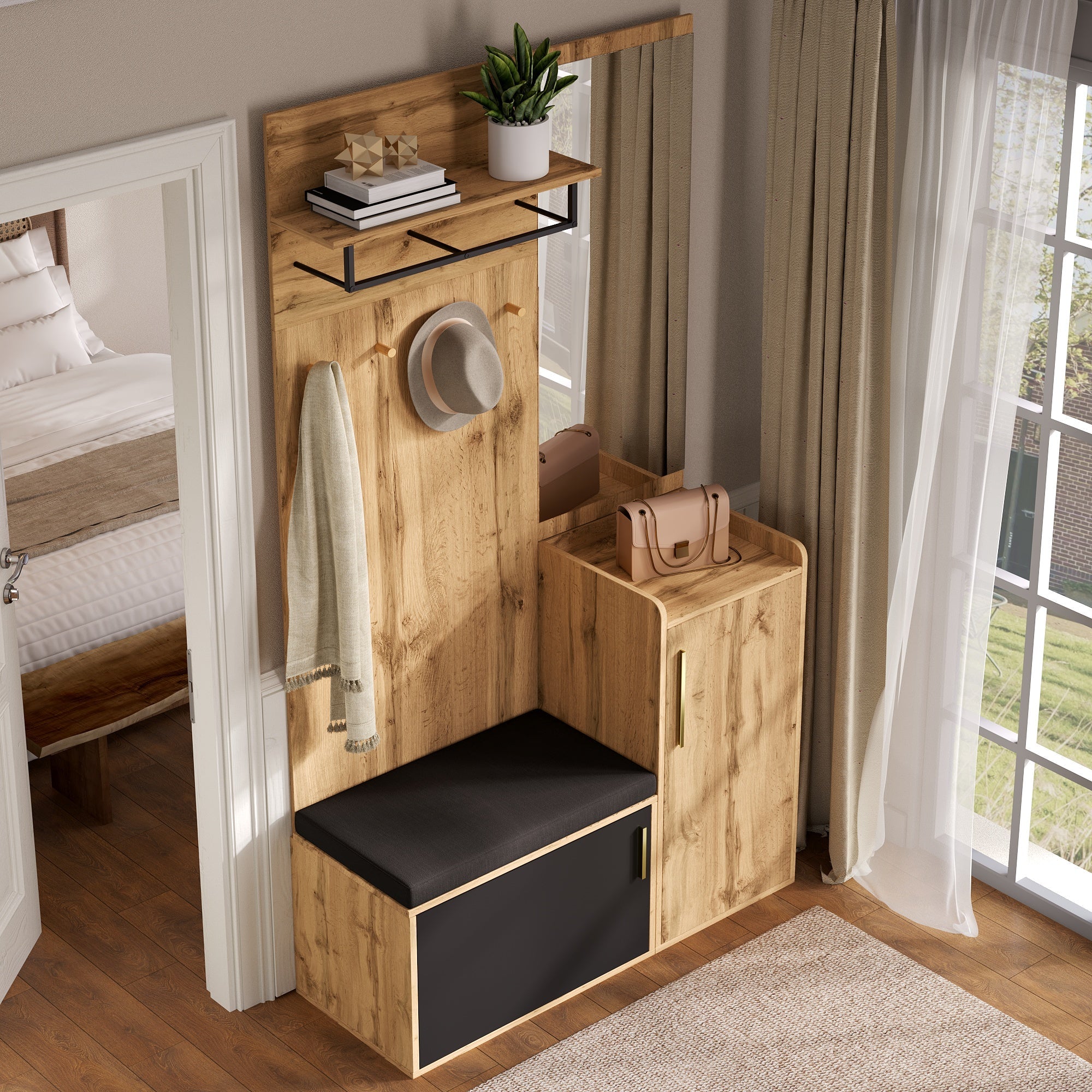 Compact Wardrobe Set, Mirror Bench Shoe Cabinet Hooks, Wood Look