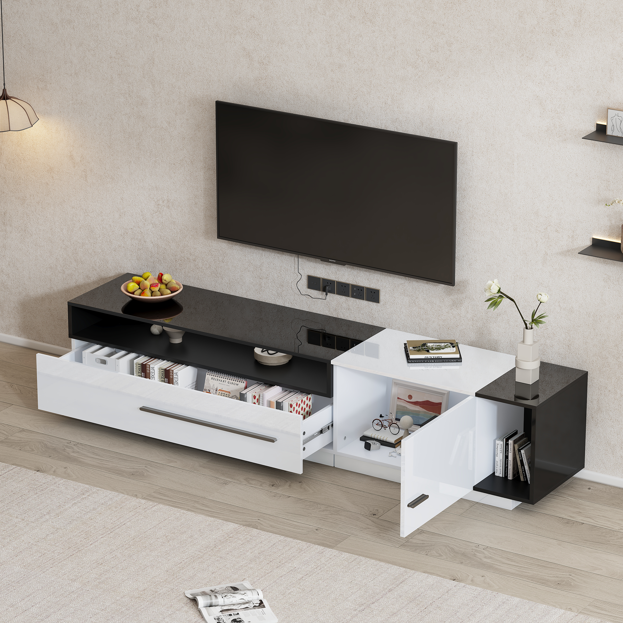High-Gloss TV Cabinet, 170cm Lowboard for 70-inch TVs with Drawer & Door