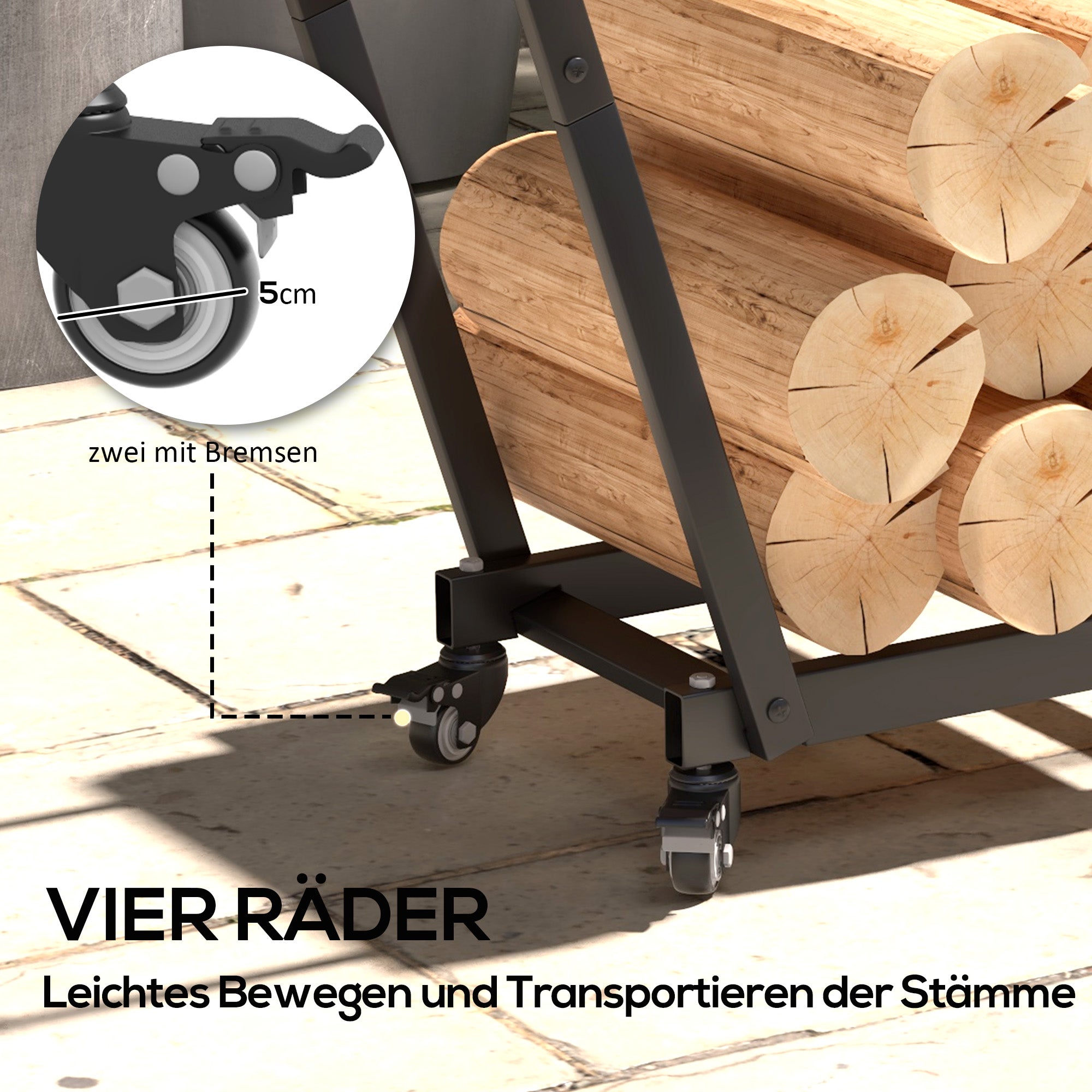 Firewood Rack with Wheels, 79x30x81cm, Kindling & Tool Hooks, Black Metal