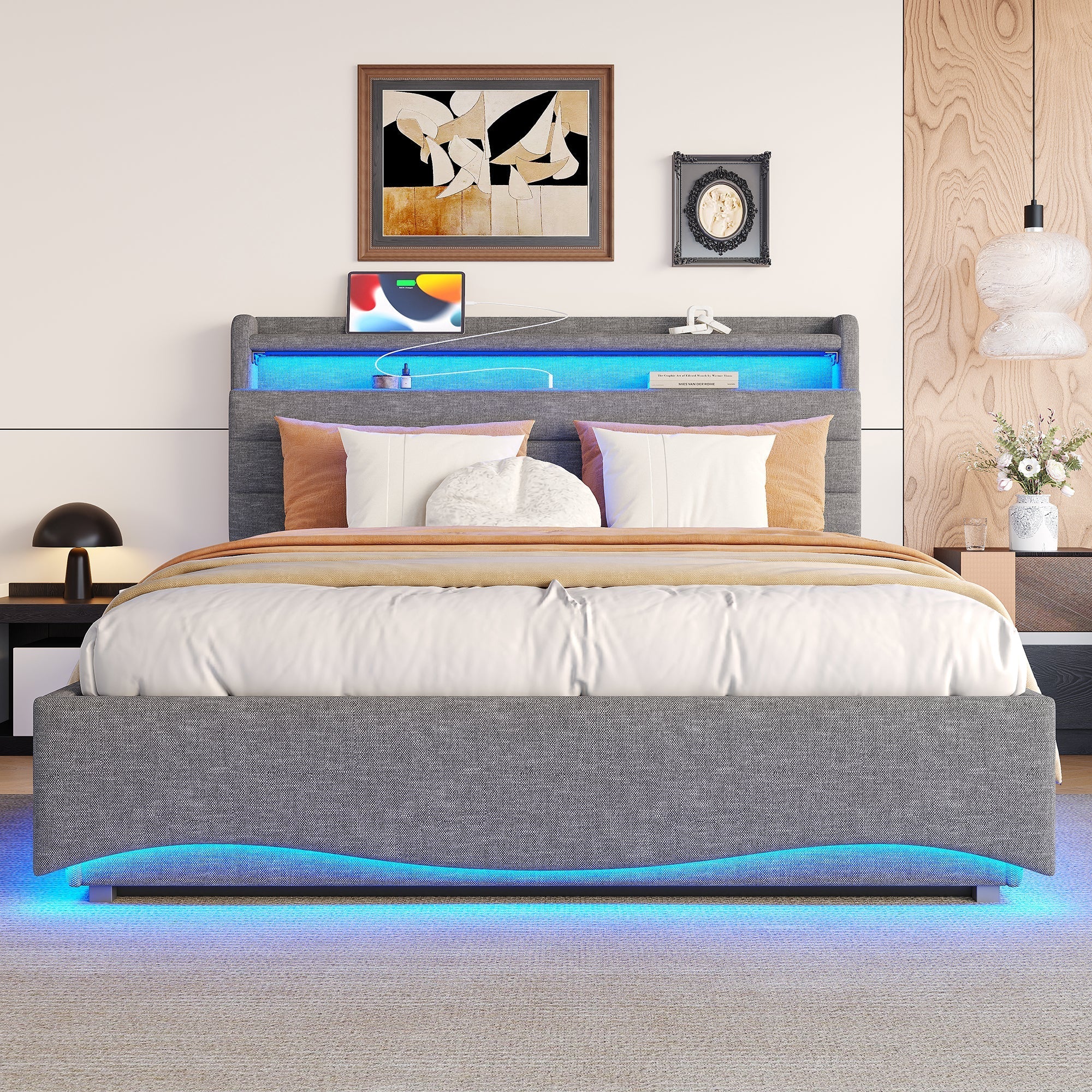 Upholstered Bed with LED Lighting, Hydraulic Storage and USB Ports, Grey Linen Fabric