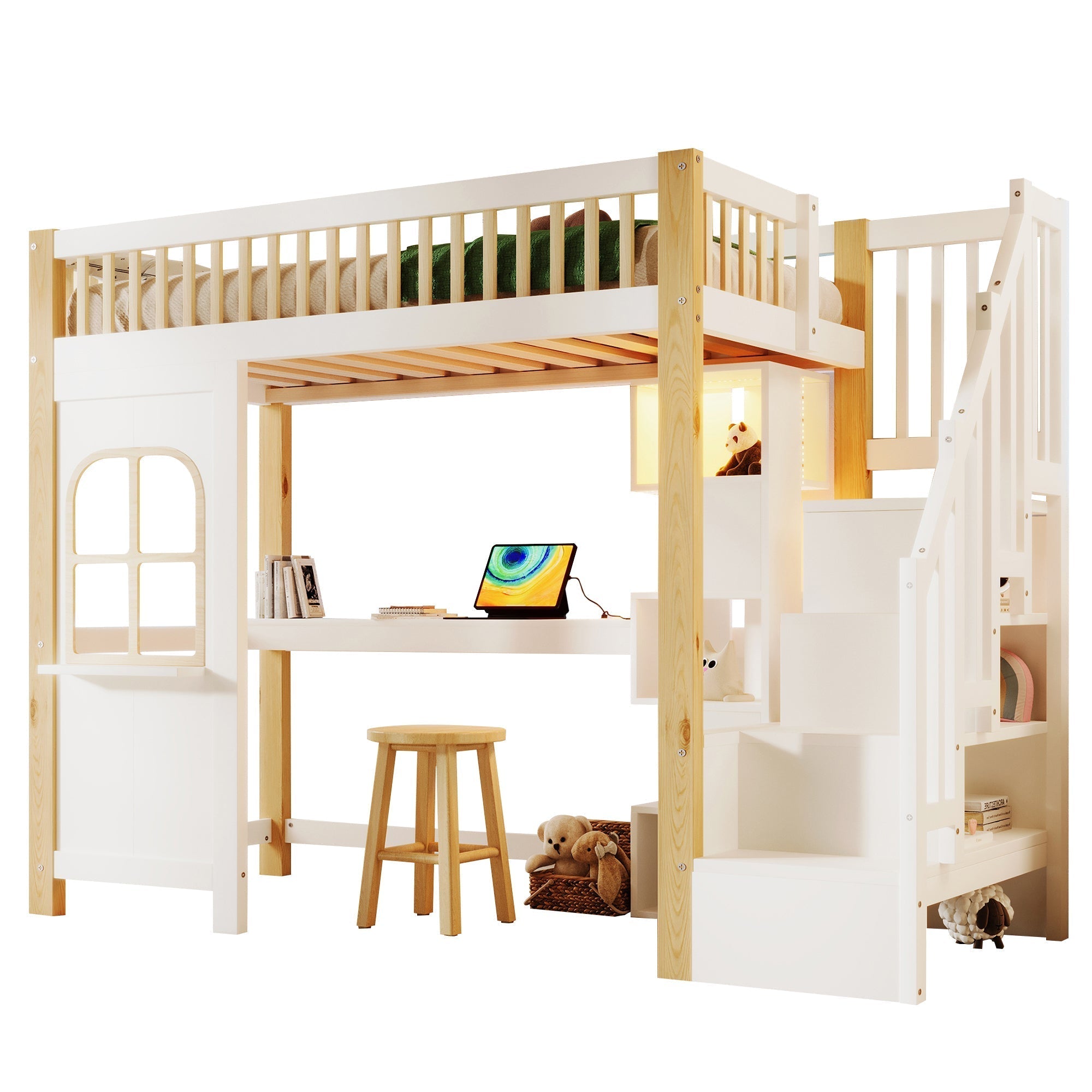 Loft Bed 90x200cm LED Window Design Desk Storage Ladder Power Outlet - White/Natural