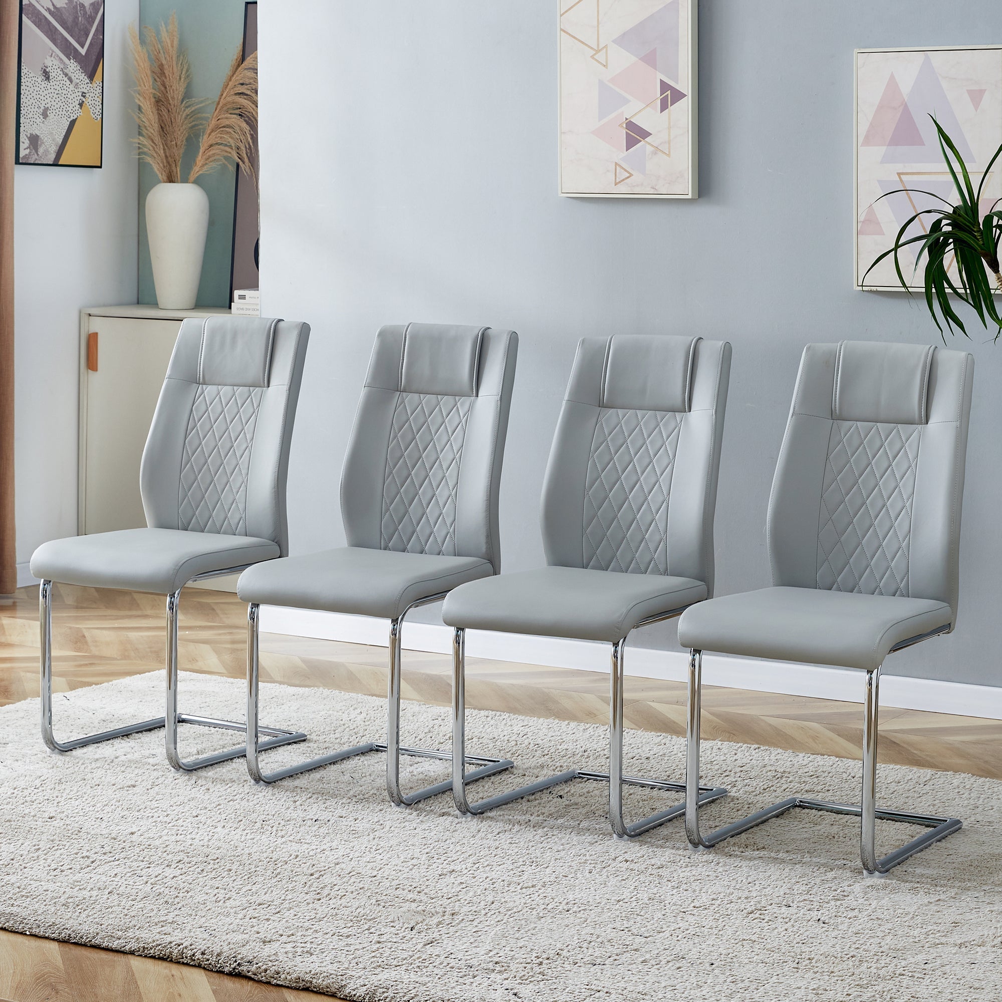 Scandinavian Dining Chairs Set of 4 Mesh Back Silver Metal Legs - Light Grey PU Leather