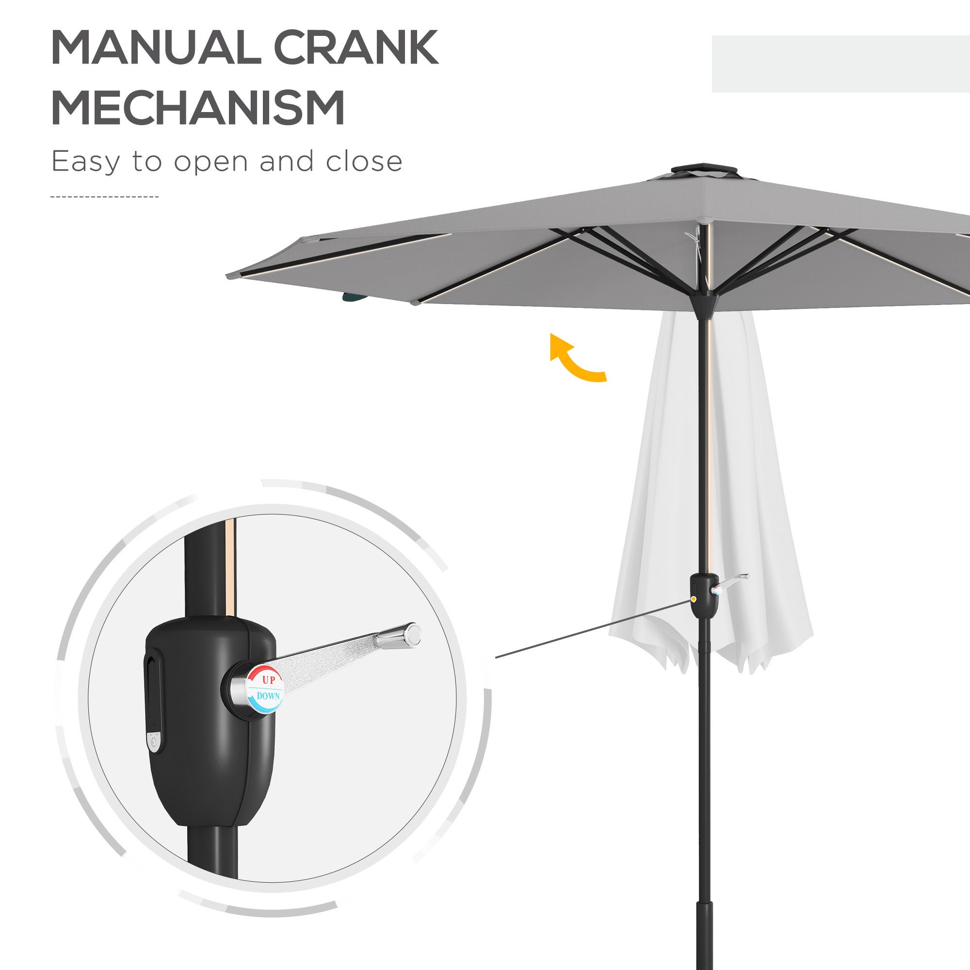 Garden Parasol Umbrella, 2.65m LED Lights, Light Grey