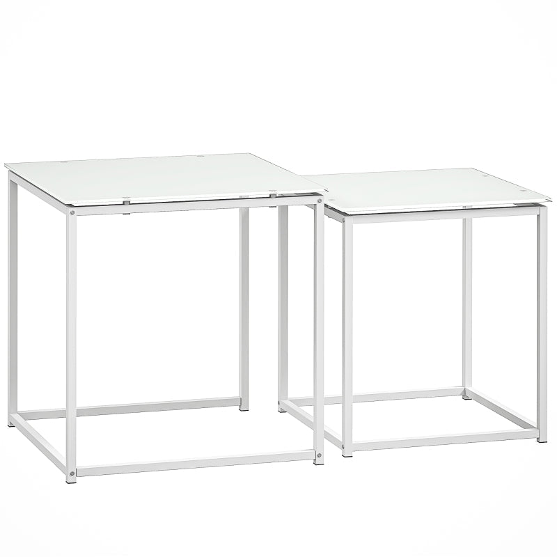Nest of Tables, Set of 2 Coffee/Side Tables with Tempered Glass Top, White