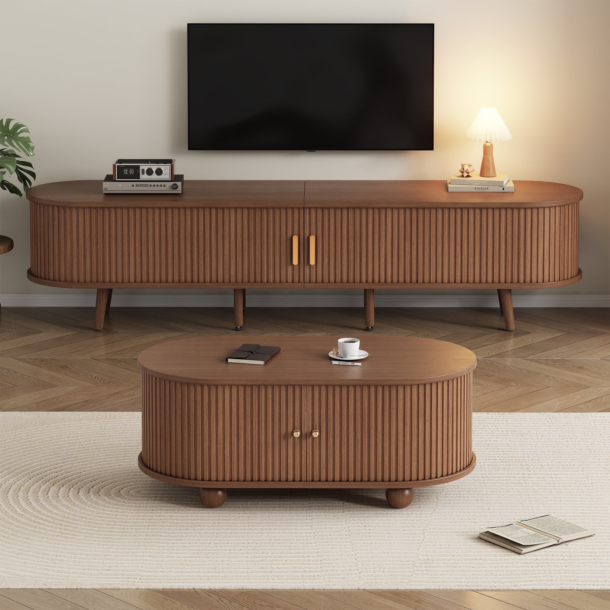 TV Stand and Coffee Table Set, 2 Drawer 2 Sliding Doors for 70 Inch TV, Dark Walnut MDF