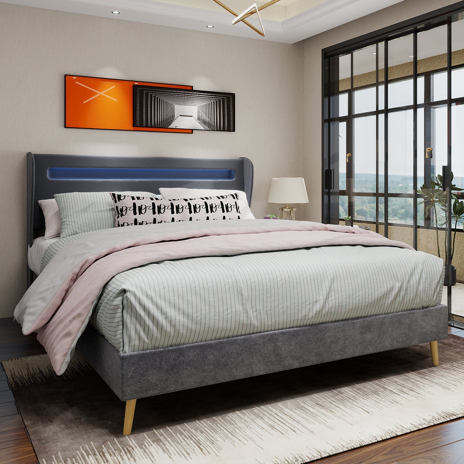 Upholstered Bed, Modern Minimalist LED Headboard, 160x200 cm, Grey