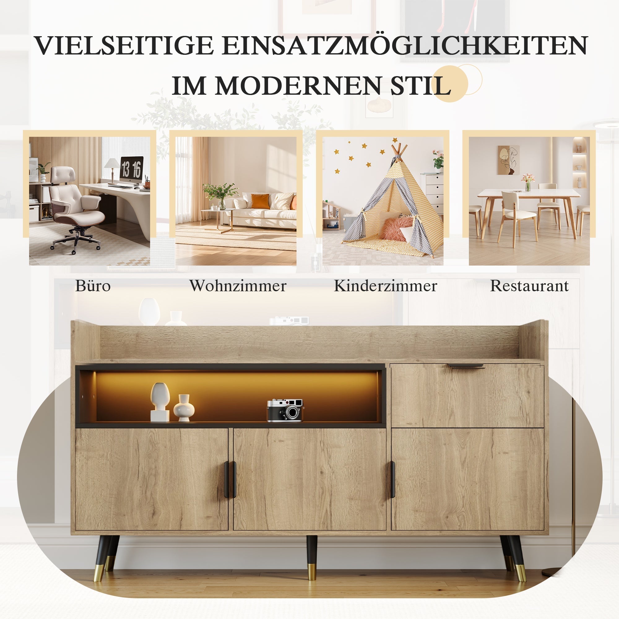 Modern Minimalist Sideboard with Open Shelves, Drawers and Swing Doors, Wood and Metal